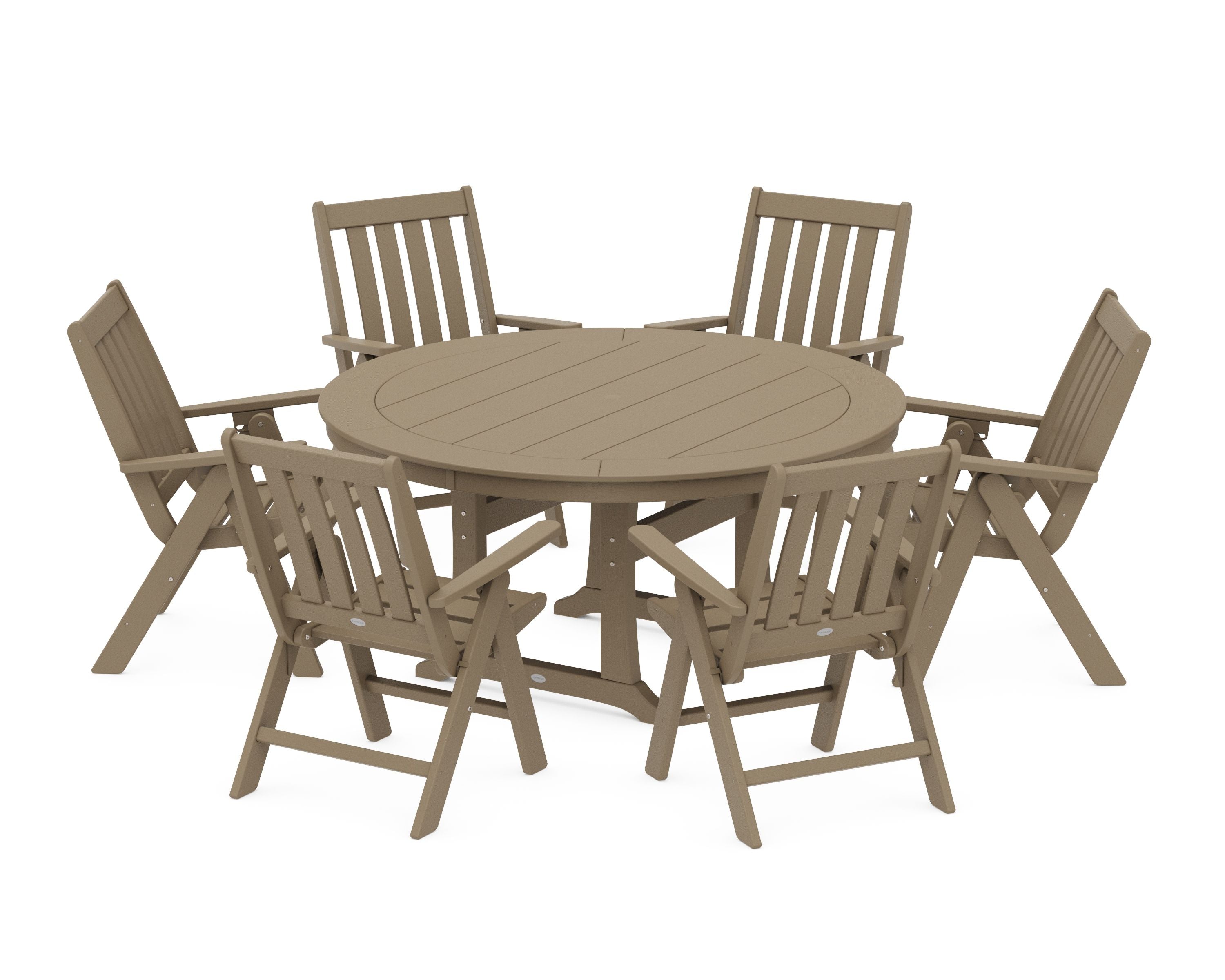 Vineyard Folding 7-Piece Side Chair Round Dining Set in Vintage Sahara