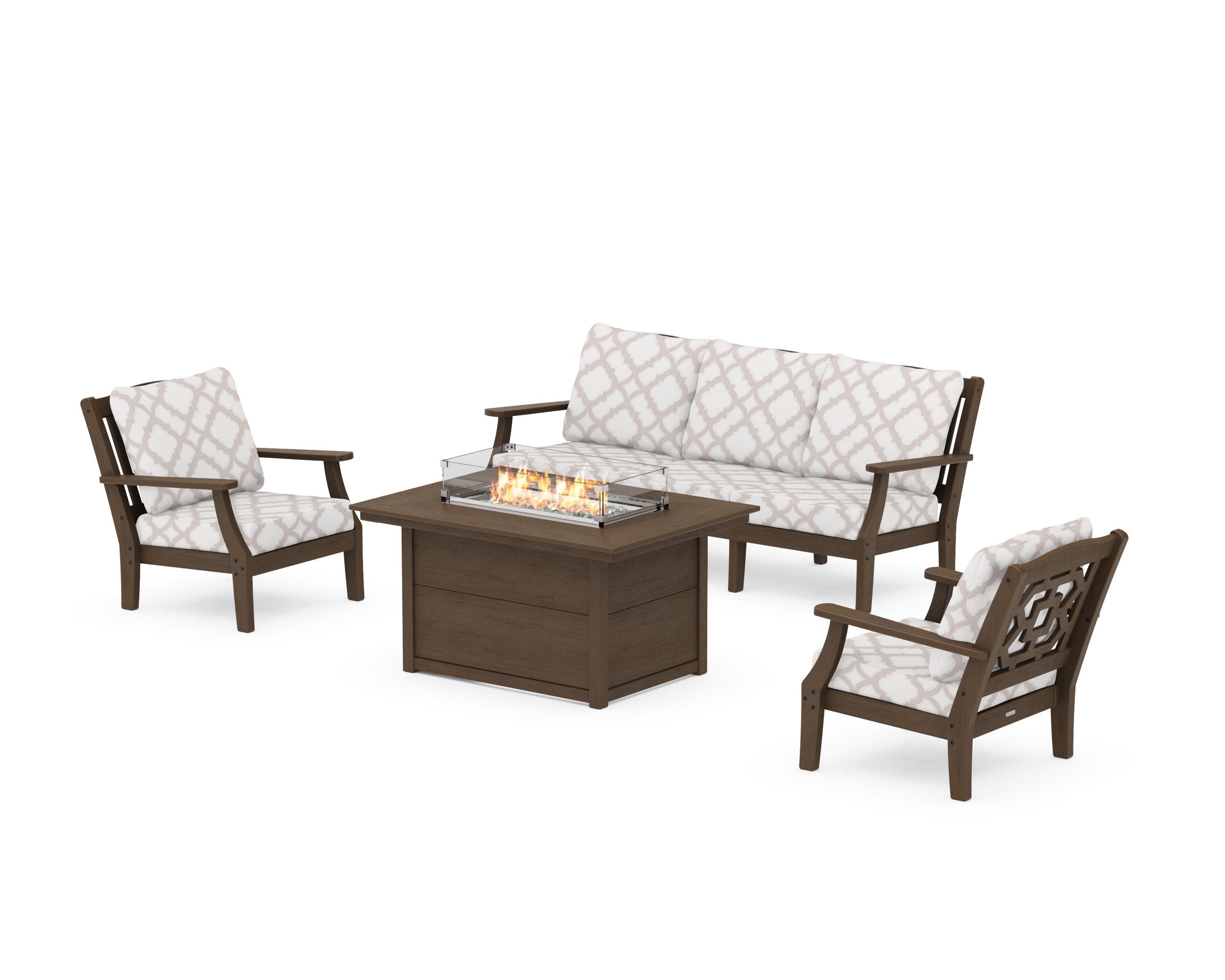 Chinoiserie Deep Seating Fire Pit Table Set in Kona / Trellis Dune Burlap