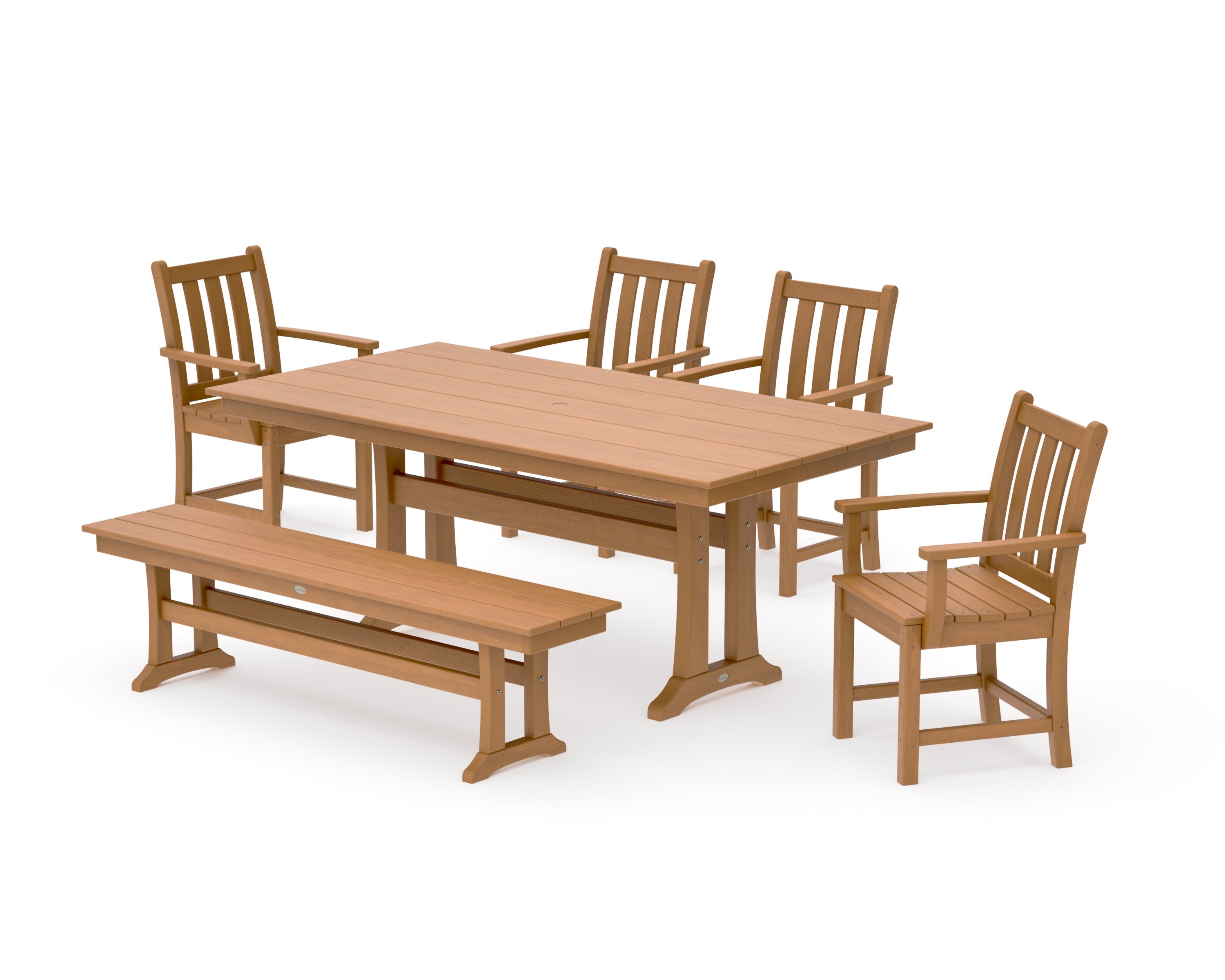 Traditional Garden Arm Chair 6-Piece Farmhouse Dining Set with Trestle Legs and Bench in Natural