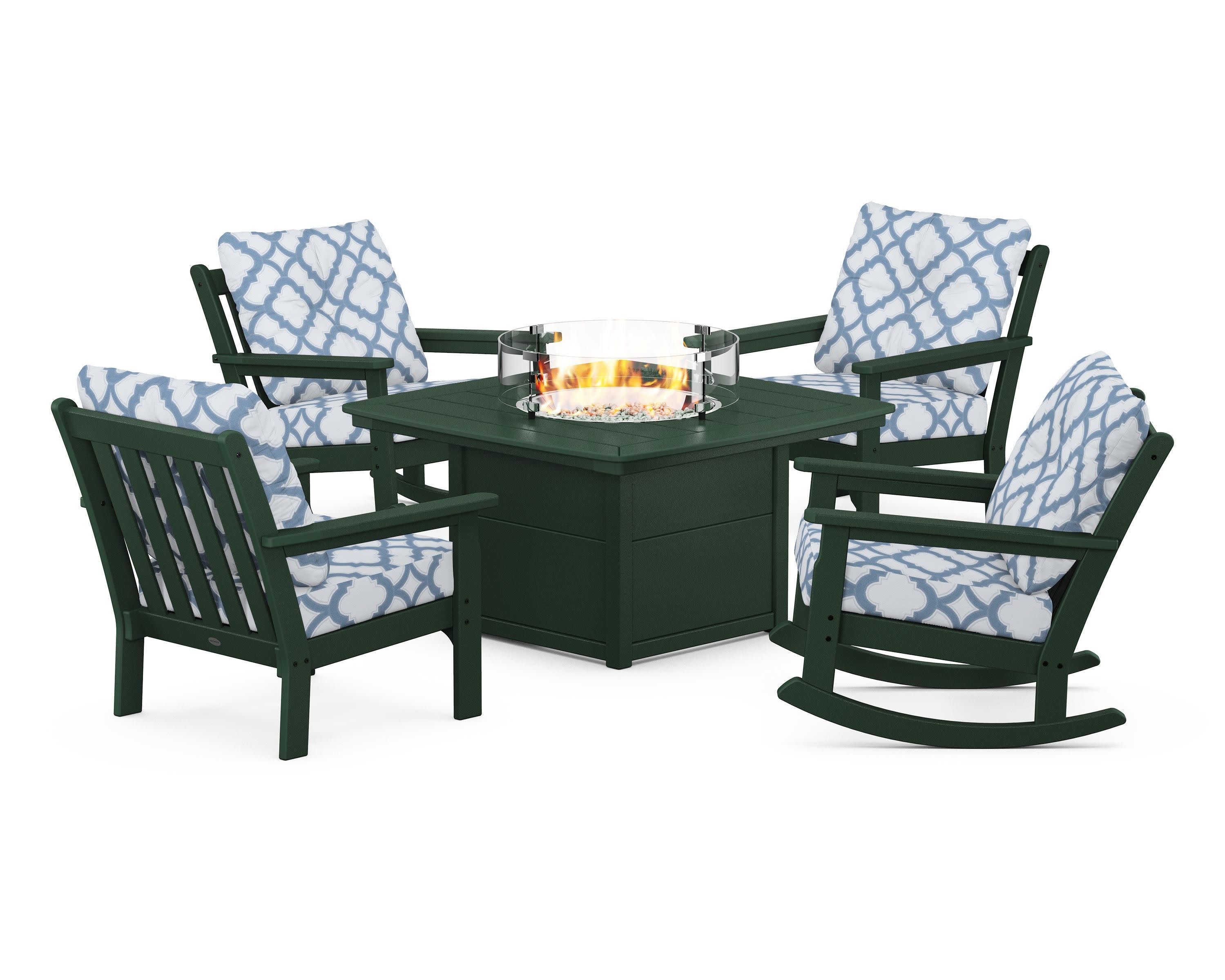 Vineyard 5-Piece Deep Seating Rocking Chair Conversation Set with Fire Pit Table in Green / Trellis Sky Blue