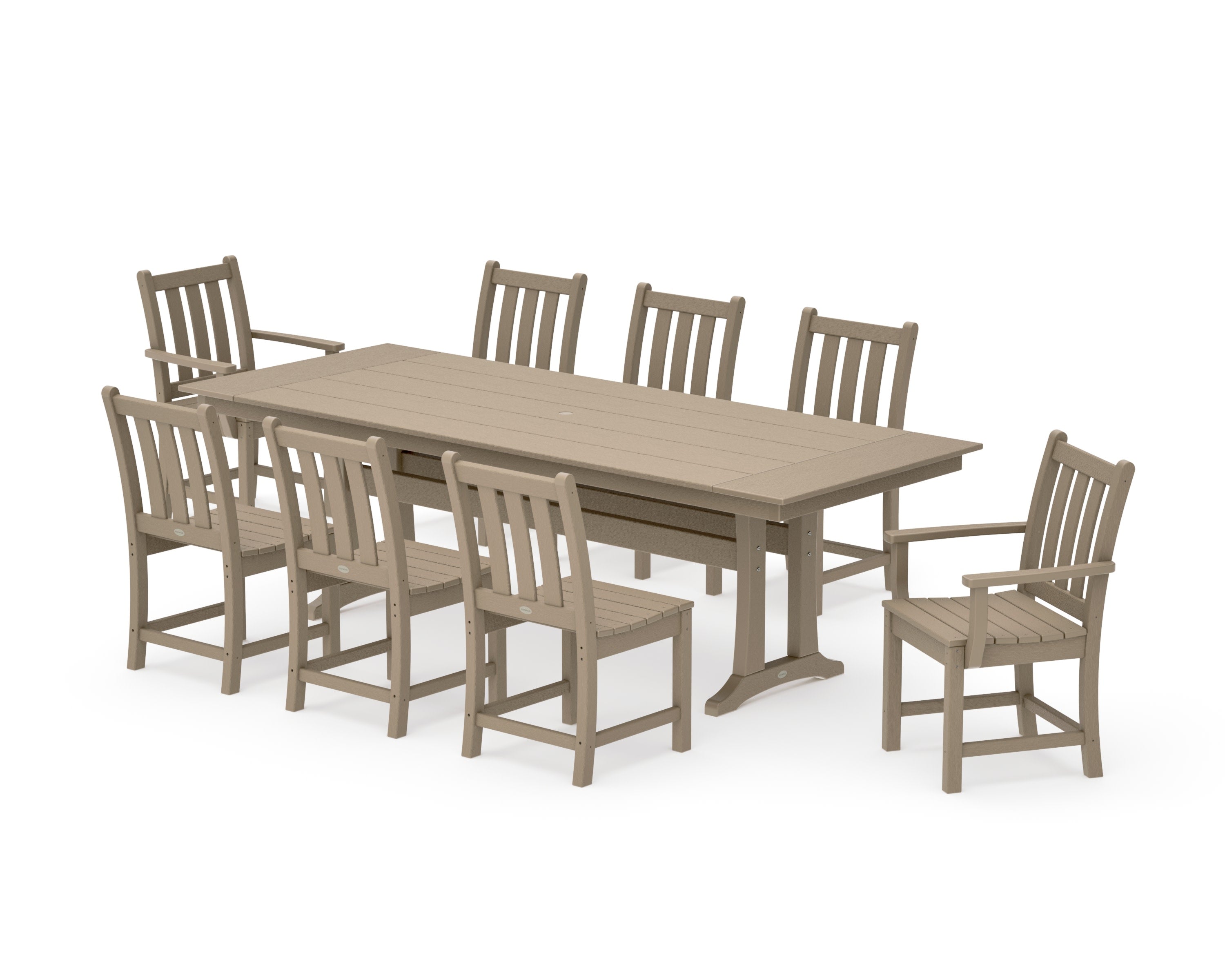 Traditional Garden 9-Piece Farmhouse Dining Set with Trestle Legs in Vintage Sahara