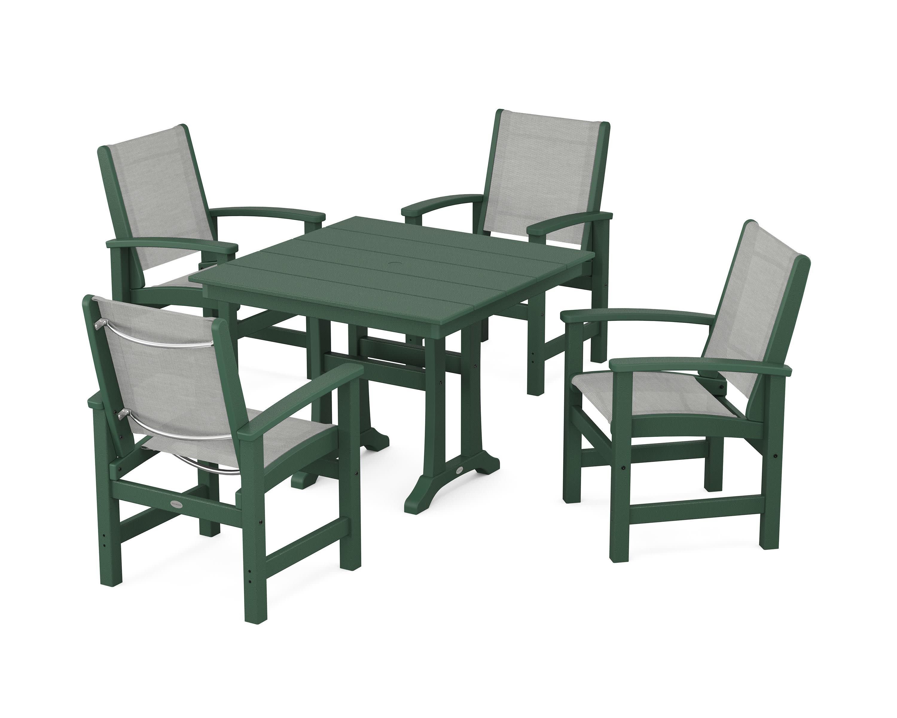 Coastal 5-Piece Farmhouse Dining Set With Trestle Legs in Green / Metallic Sling