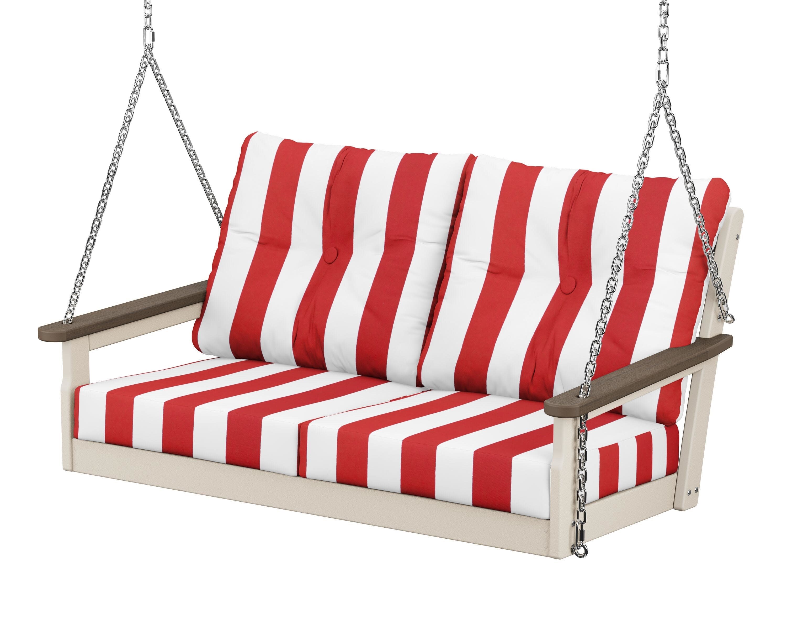 Vineyard Deep Seating Swing in Sand / Kona / Cabana Stripe Crimson