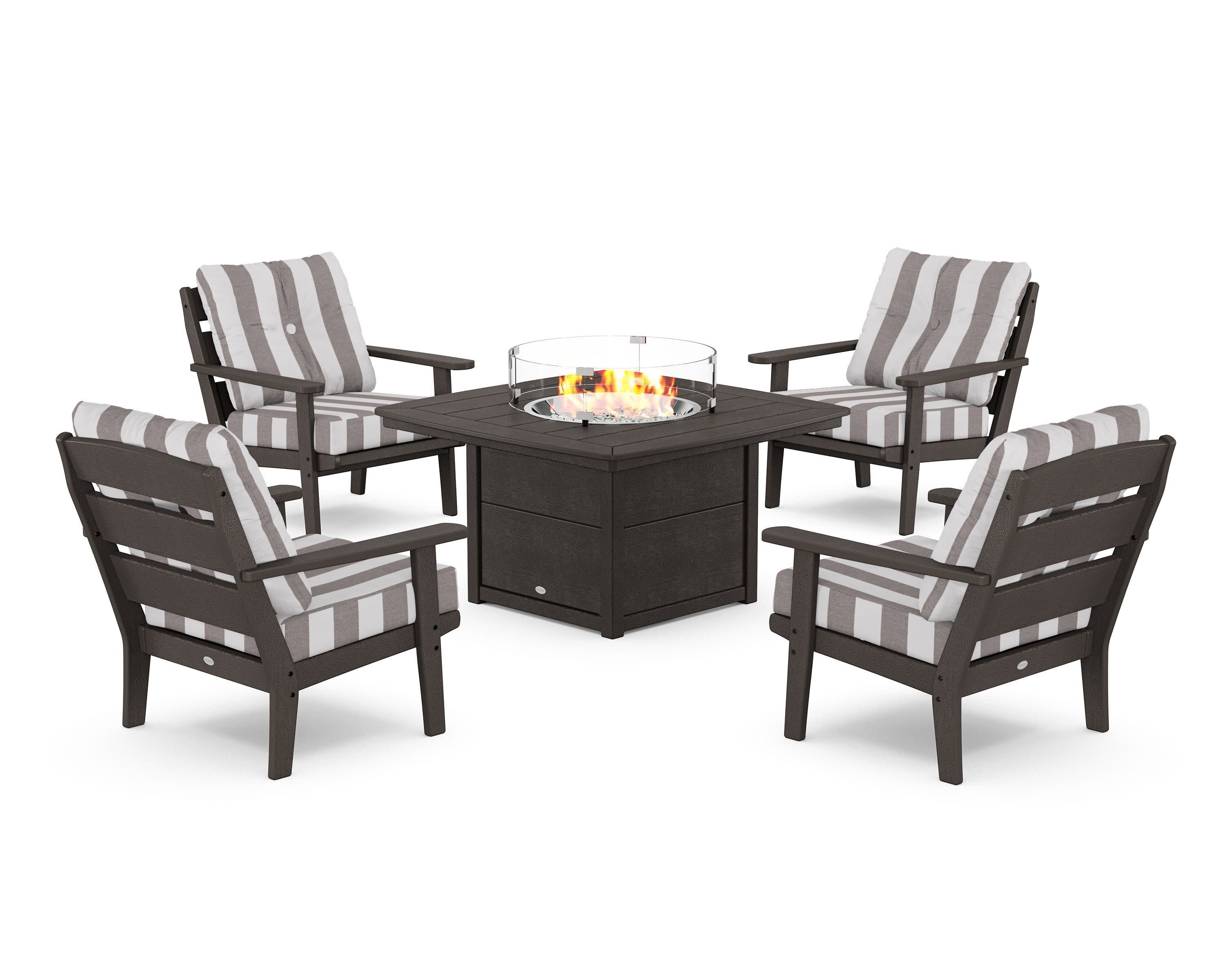 Lakeside 5-Piece Deep Seating Set with Nautical Fire Pit Table in Vintage Coffee / Cabana Stripe Grey Mist