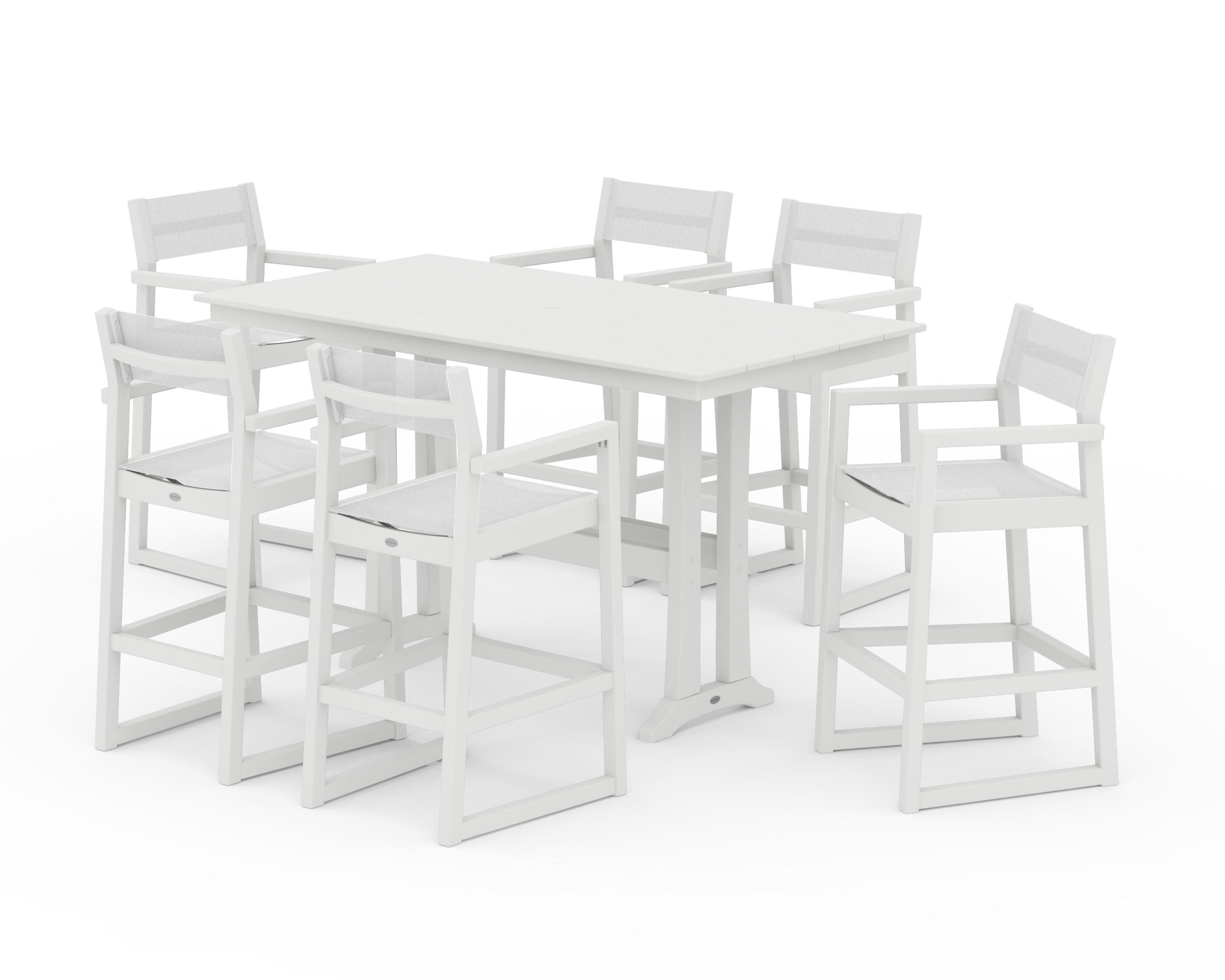 EDGE Sling Arm Chair 7-Piece Farmhouse Bar Set with Trestle Legs in Vintage White / White Sling