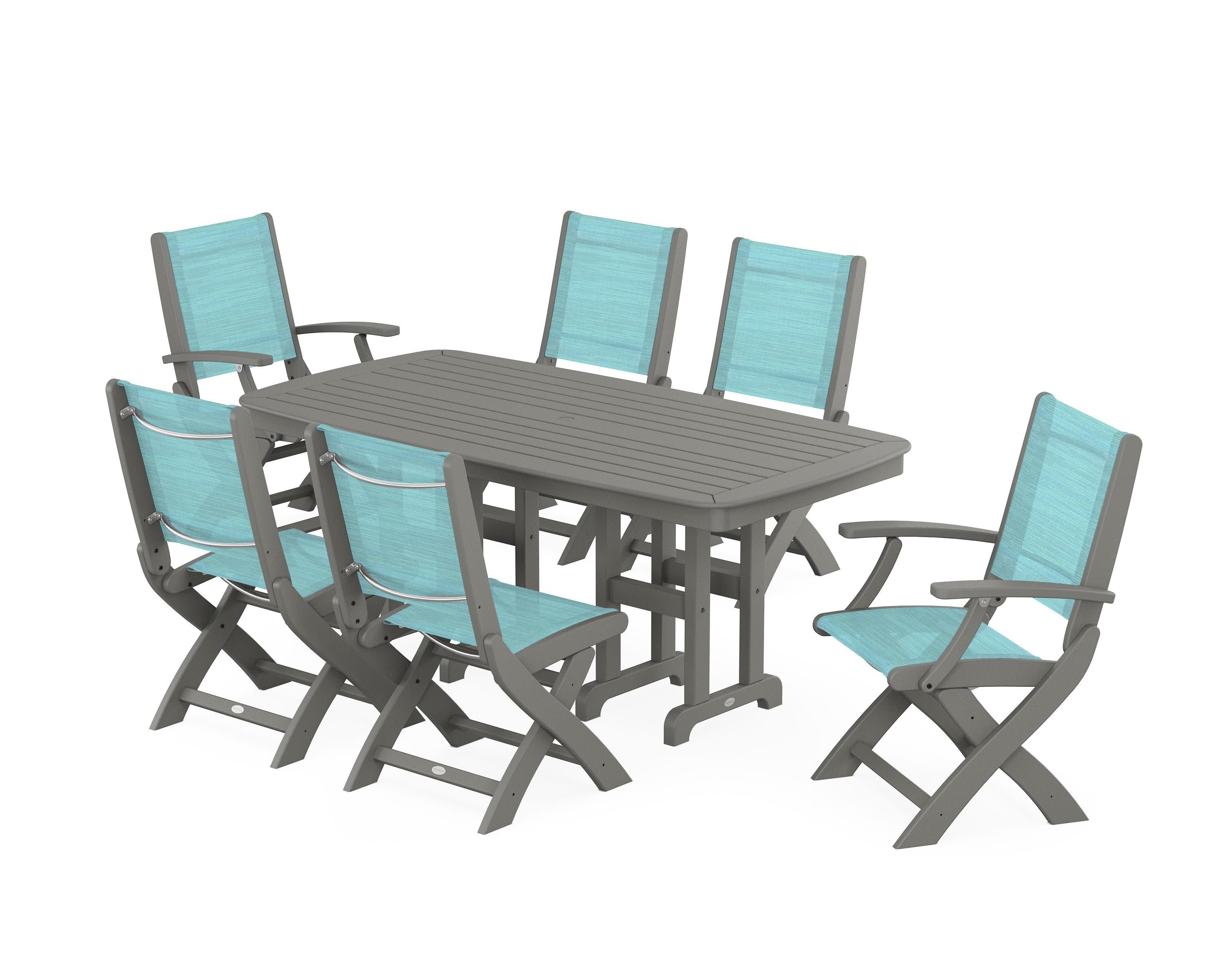 Coastal Folding Chair 7-Piece Dining Set in Slate Grey / Dupioni Aquamarine Sling