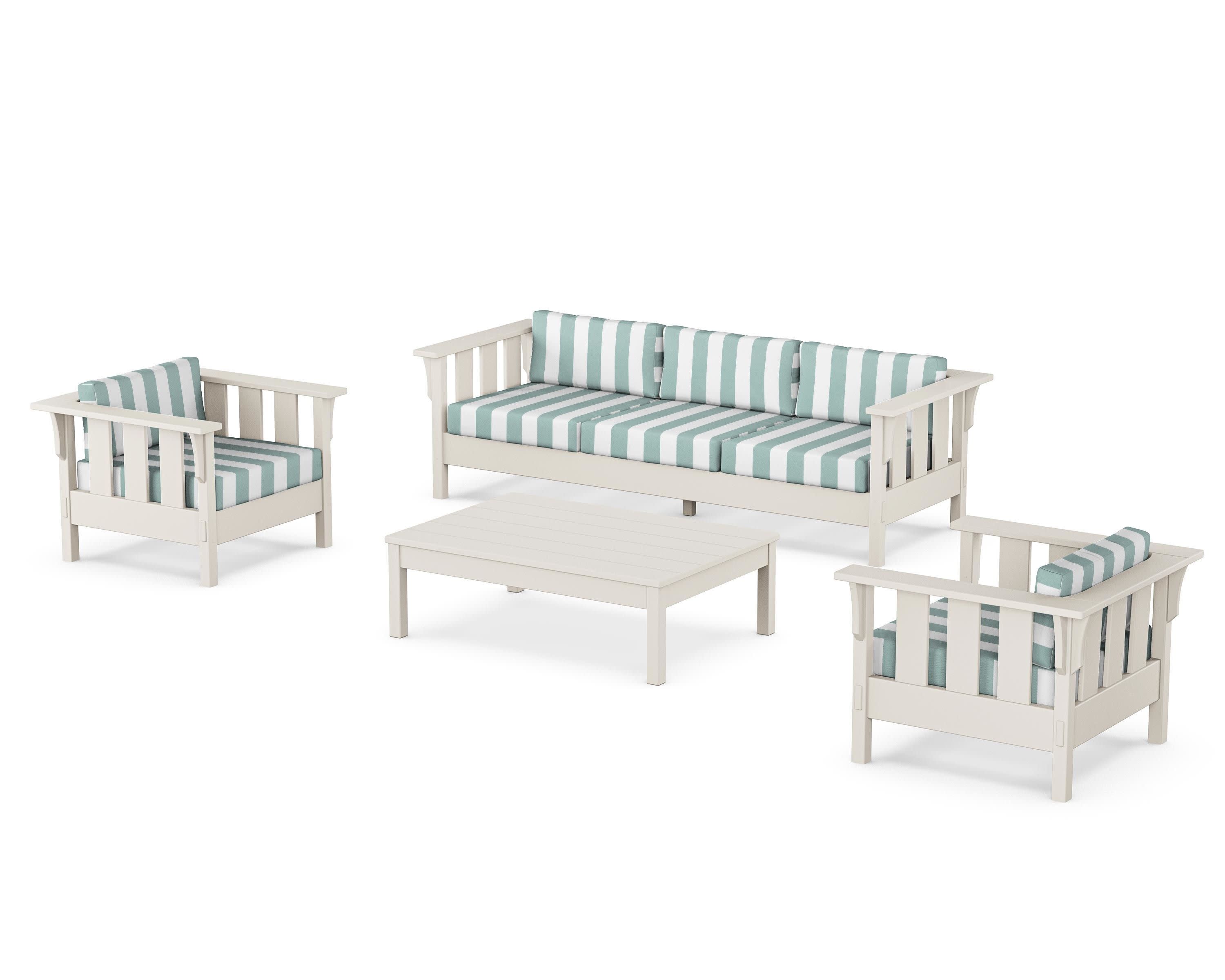Acadia 4-Piece Deep Seating Set with Sofa in Sand / Cabana Stripe Glacier Spa