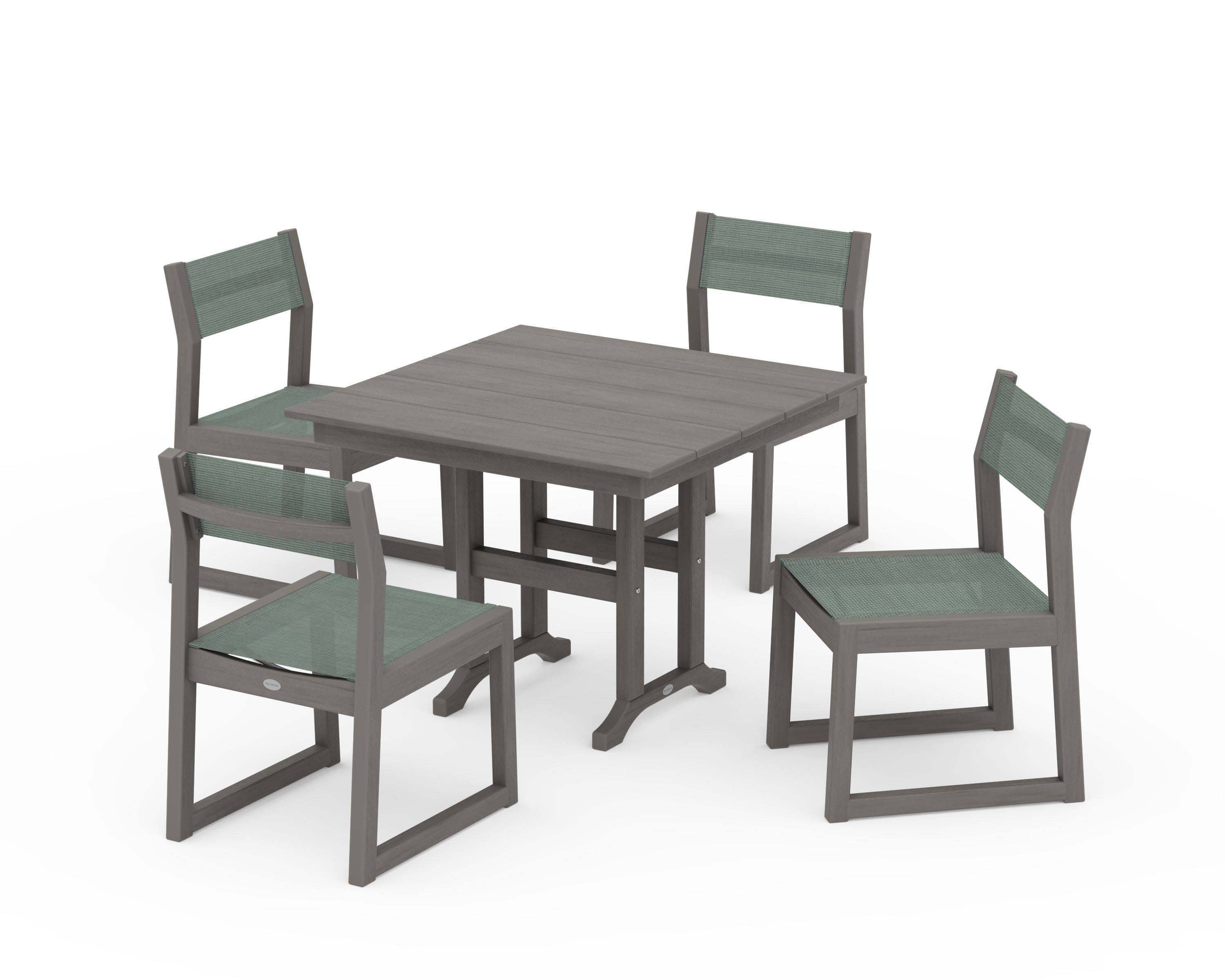 EDGE Sling Side Chair 5-Piece Farmhouse Dining Set in Driftwood / Dupioni Sea Mist Sling