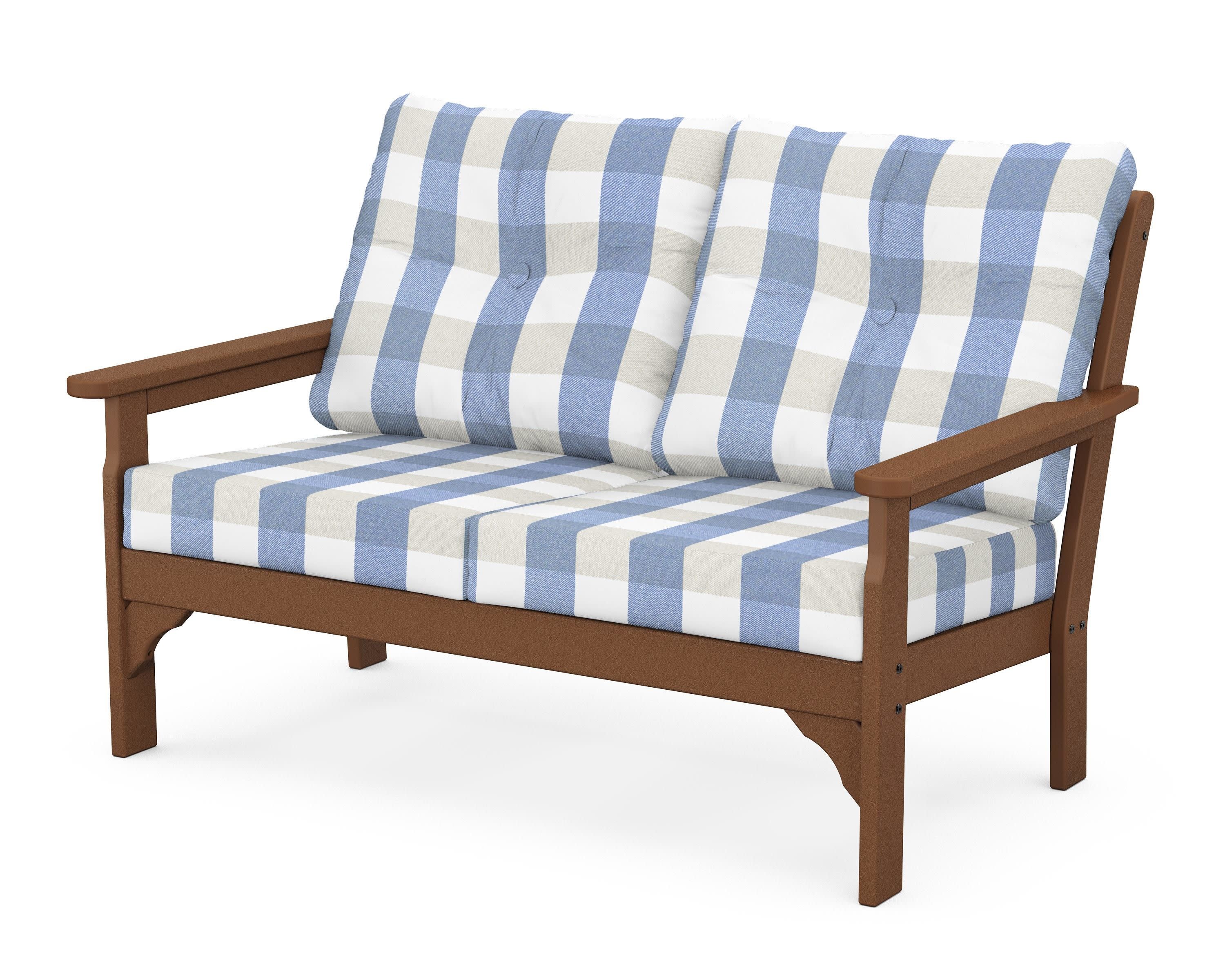 Vineyard Deep Seating Loveseat in Teak / Buffalo Plaid Sky Blue