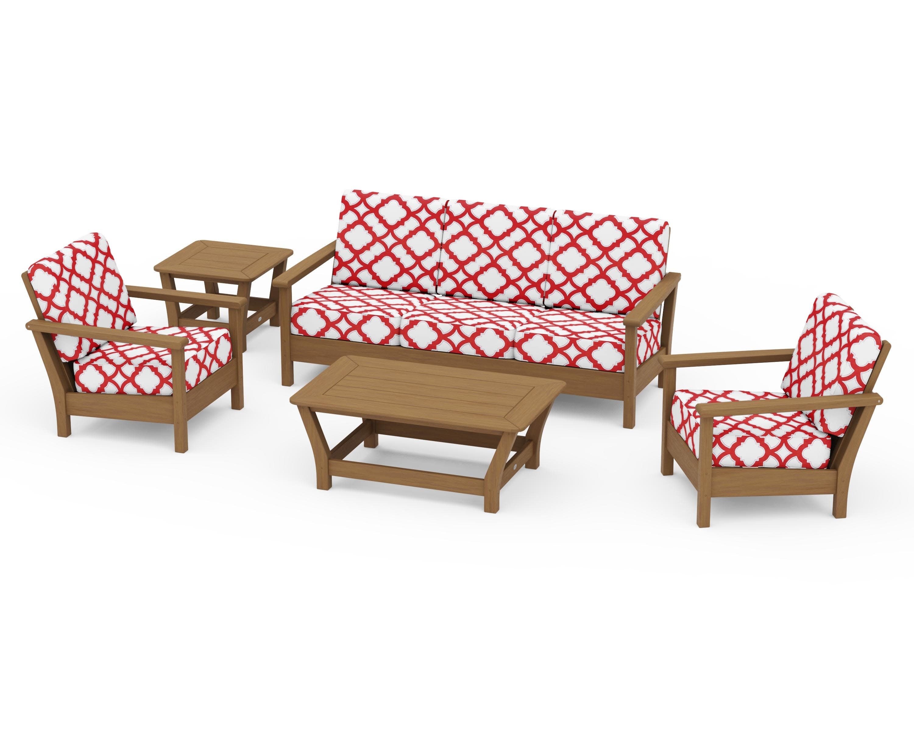 Harbour 5-Piece Deep Seating Set in Natural / Trellis Crimson