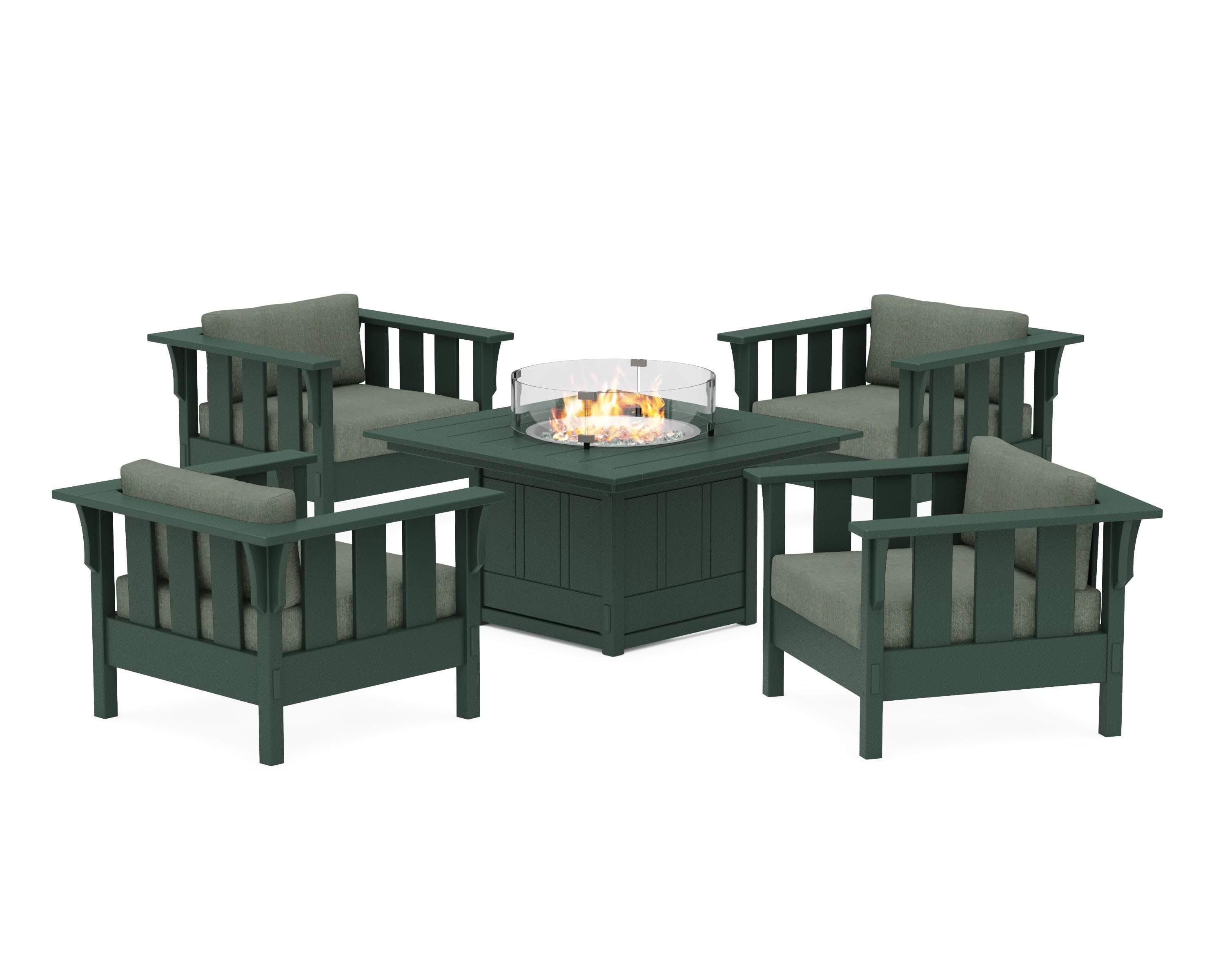 Acadia 5-Piece Deep Seating Set with Fire Pit Table in Green / Cast Sage