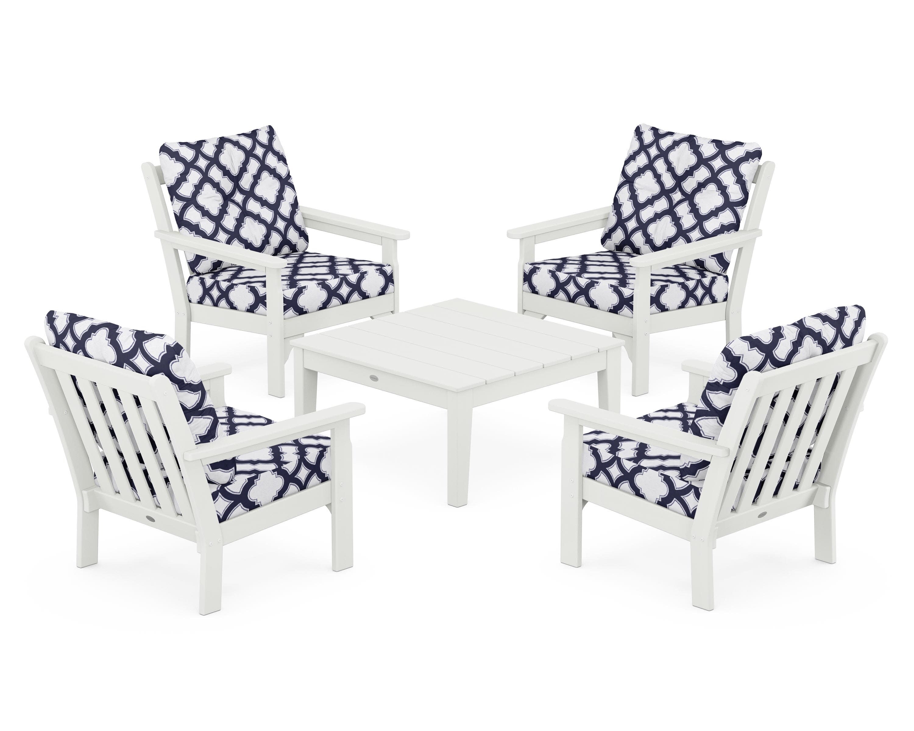 Vineyard 5-Piece Deep Seating Conversation Set in Vintage White / Trellis Navy