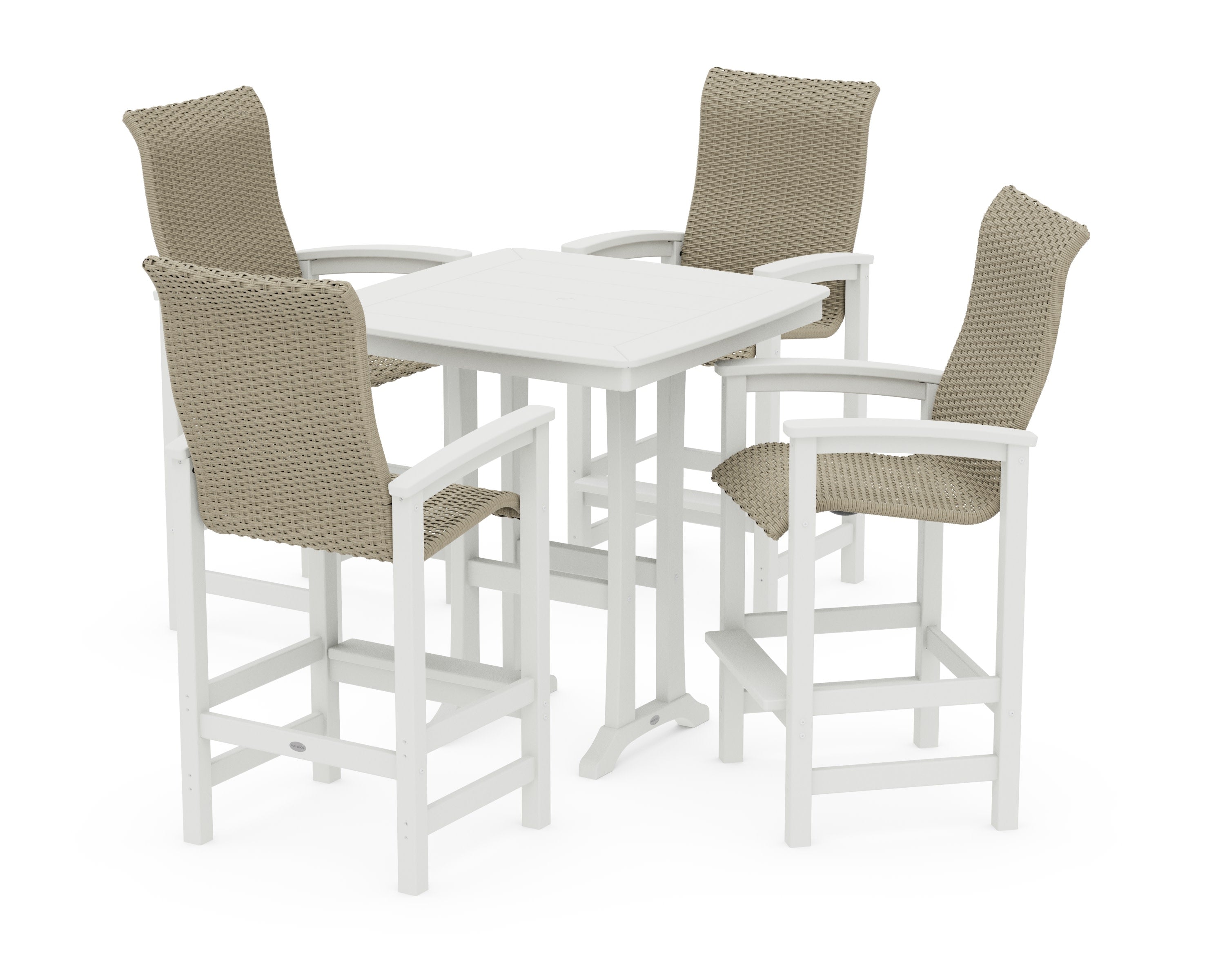 Coastal Woven High-Back 5-Piece Bar Set with Trestle Legs in Vintage White / Dune Grass