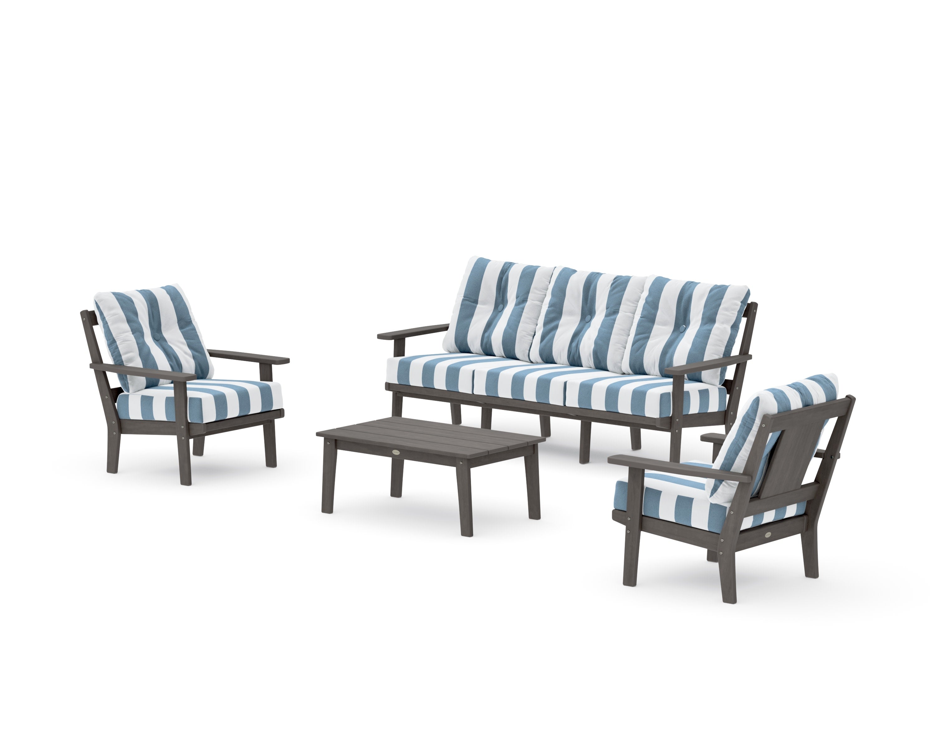 Prairie 4-Piece Deep Seating Set with Sofa in Driftwood / Cabana Stripe Sky Blue
