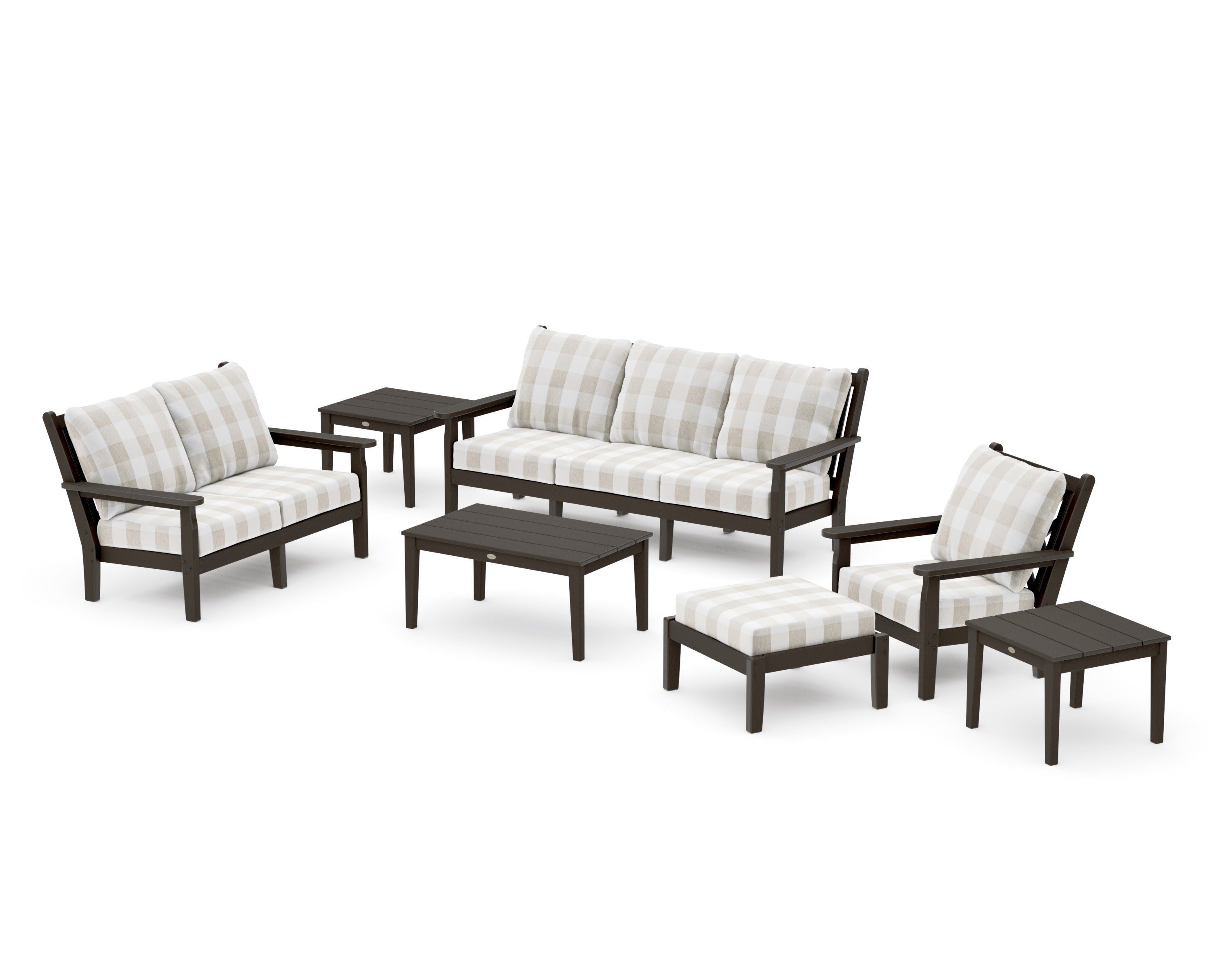 Chippendale 7-Piece Deep Seating Set in Vintage Coffee / Buffalo Plaid Dune Burlap