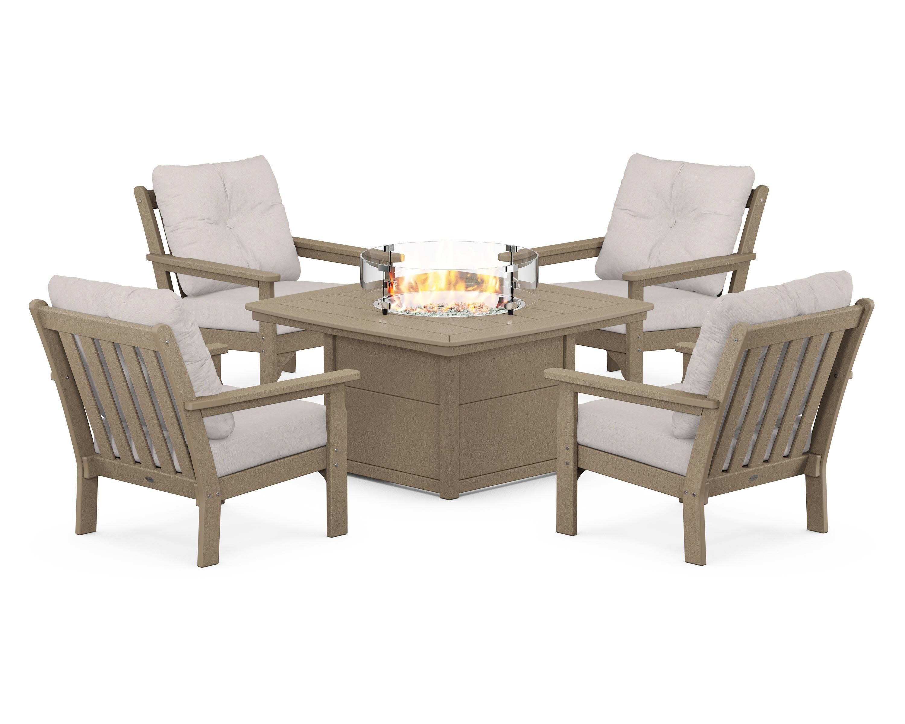 Vineyard 5-Piece Conversation Set with Fire Pit Table in Vintage Sahara / Dune Burlap