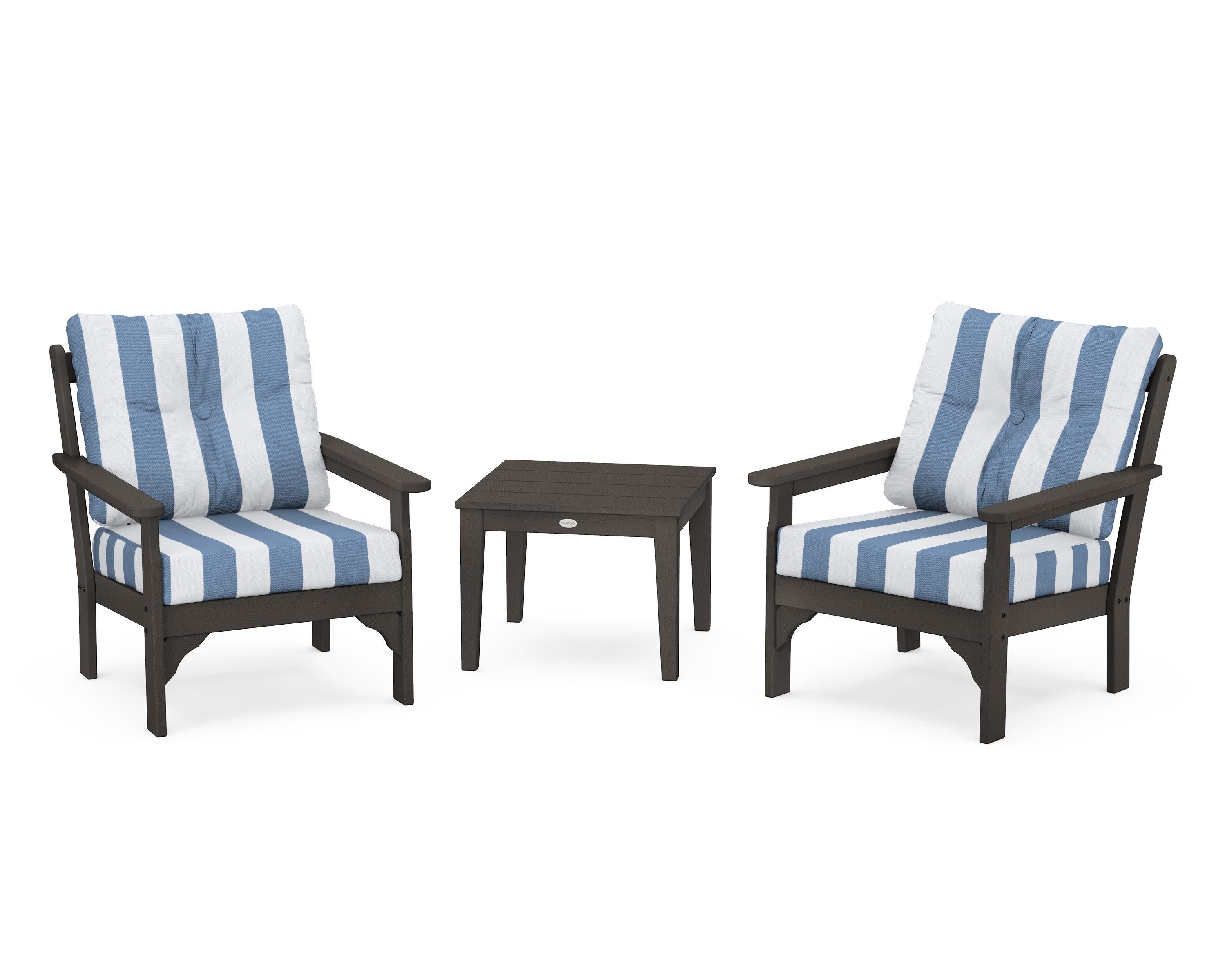 Vineyard 3-Piece Deep Seating Set in Vintage Coffee / Cabana Stripe Sky Blue