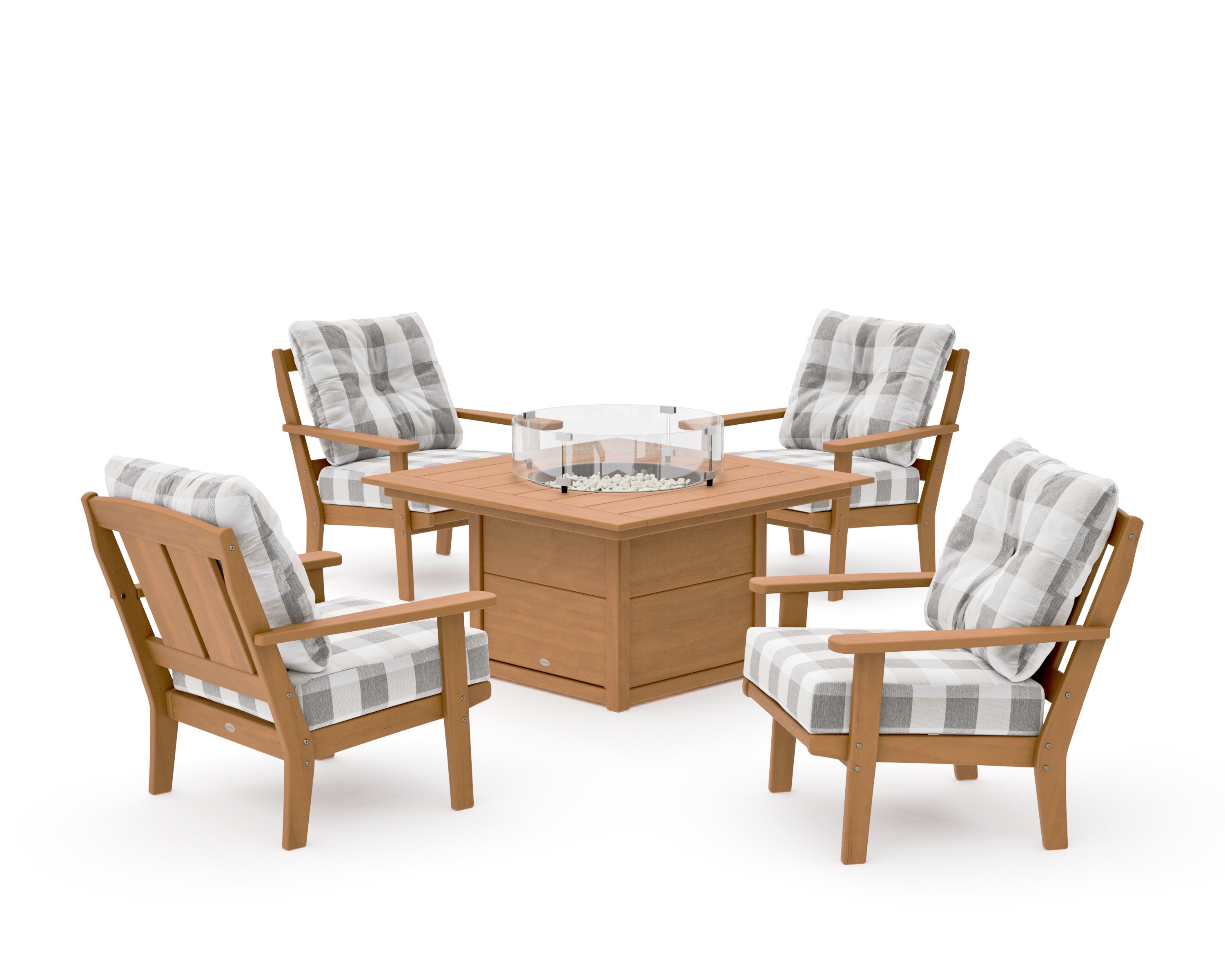 Mission 5-Piece Deep Seating Set with Fire Pit Table in Natural / Buffalo Plaid Grey Mist