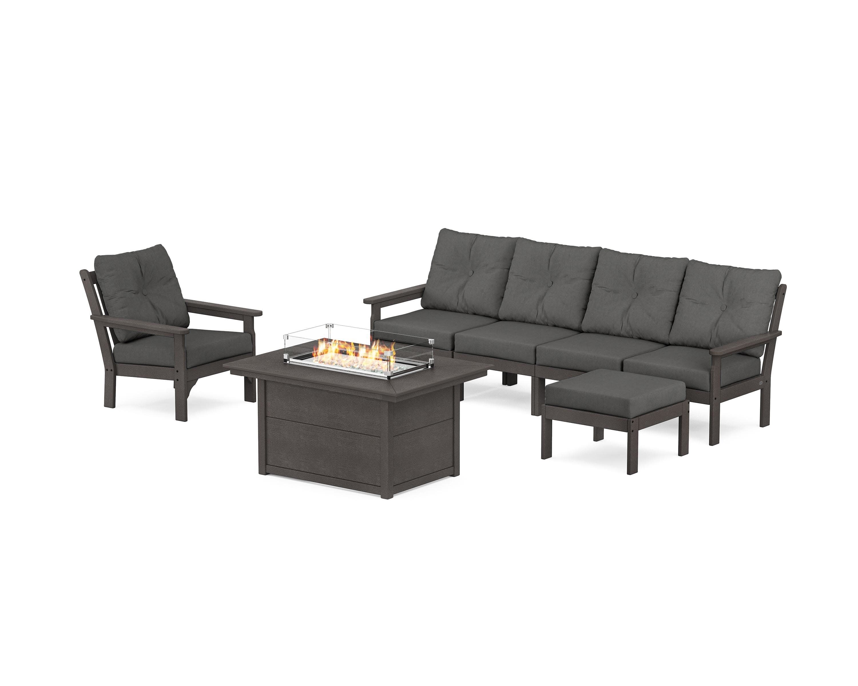 Vineyard Sectional Lounge and Fire Pit Set in Vintage Coffee / Spectrum Carbon