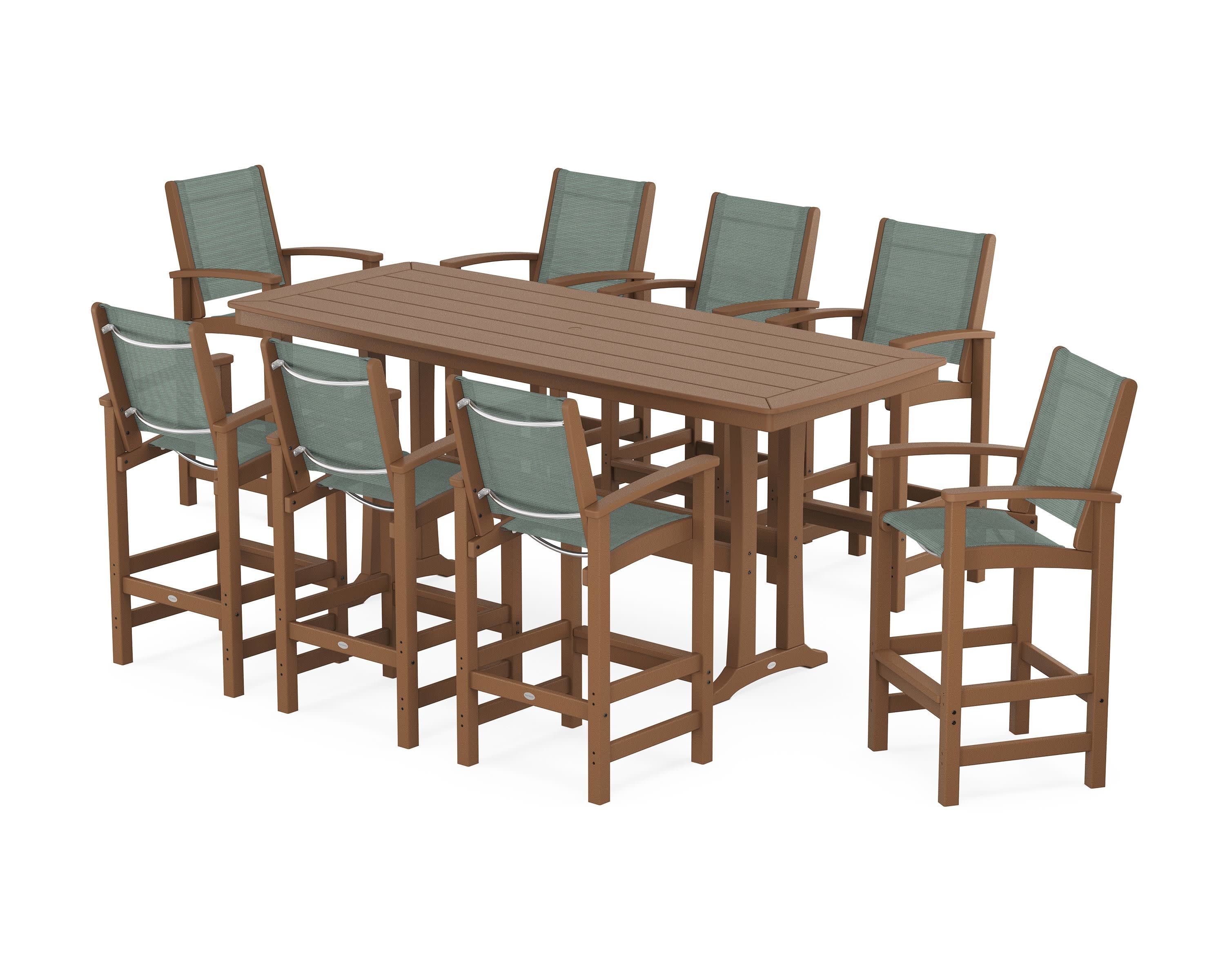Coastal 9-Piece Bar Set with Trestle Legs in Teak / Dupioni Sea Mist Sling