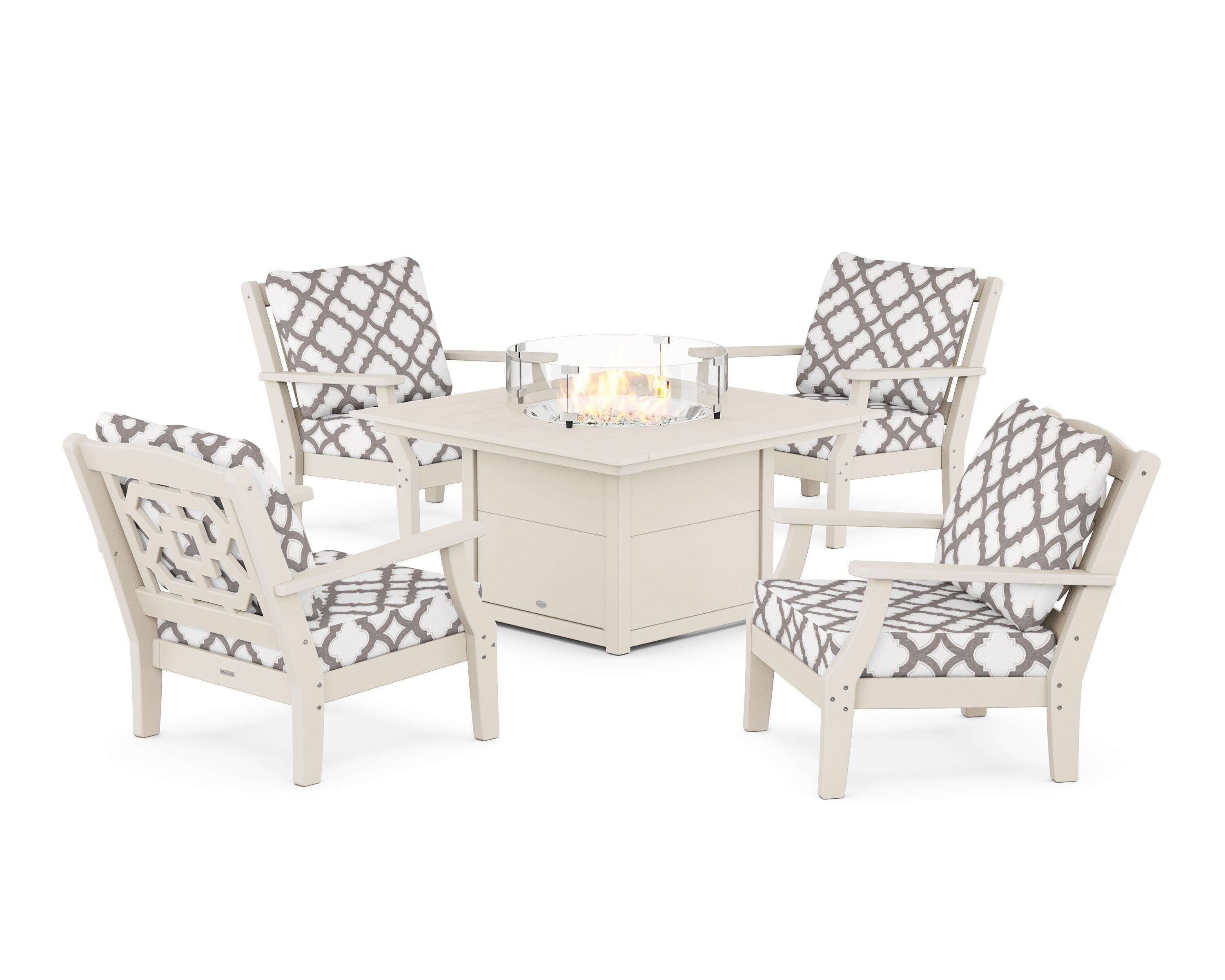 Chinoiserie 5-Piece Deep Seating Set with Fire Pit Table in Sand / Trellis Grey Mist