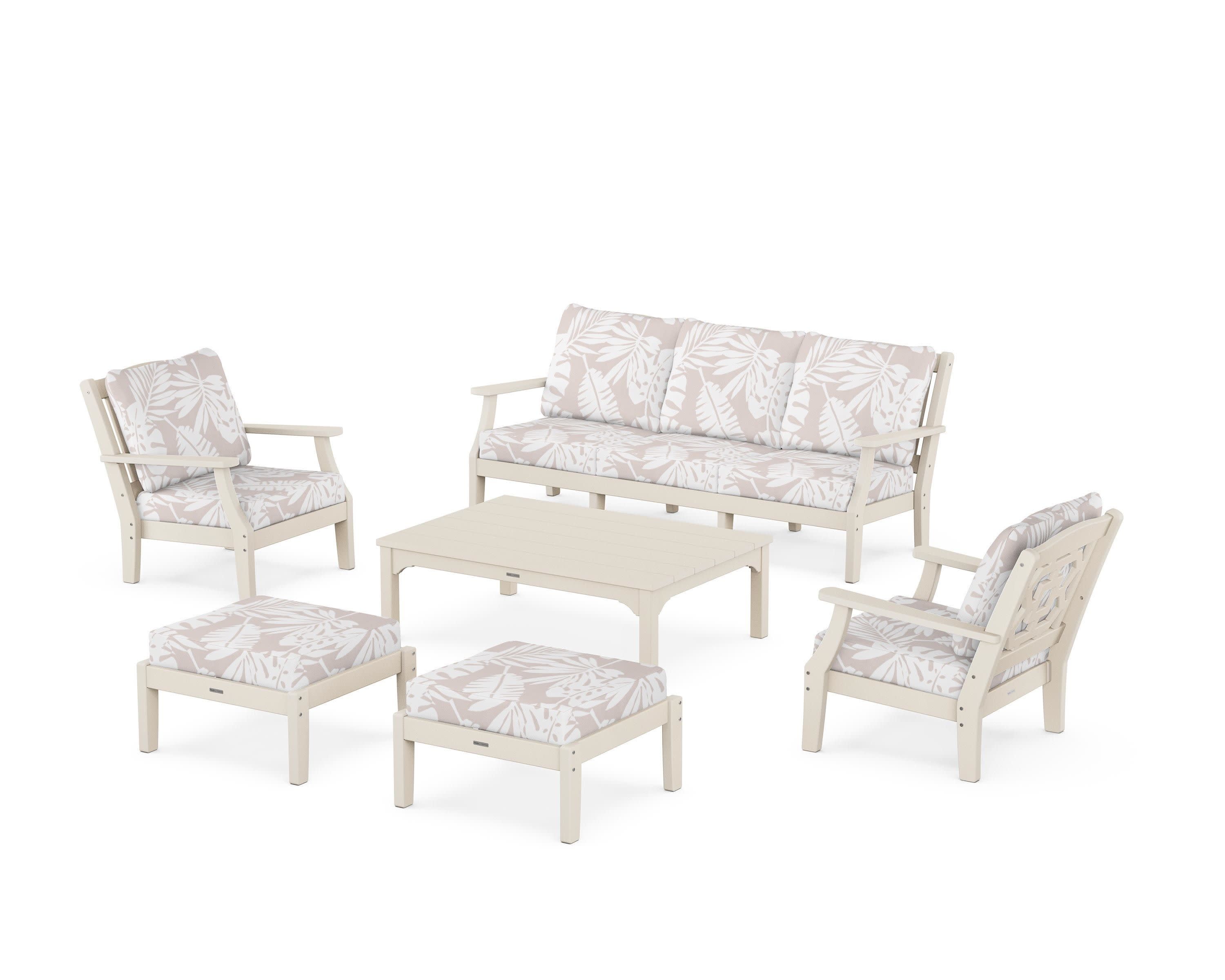 Chinoiserie 6-Piece Lounge Sofa Set in Sand / Leaf Dune Burlap