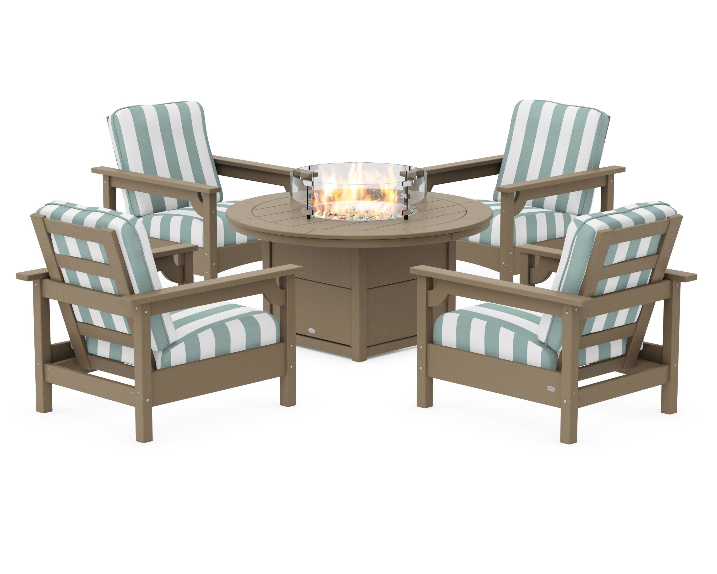 Club 5-Piece Conversation Set with Fire Pit Table in Vintage Sahara / Cabana Stripe Glacier Spa