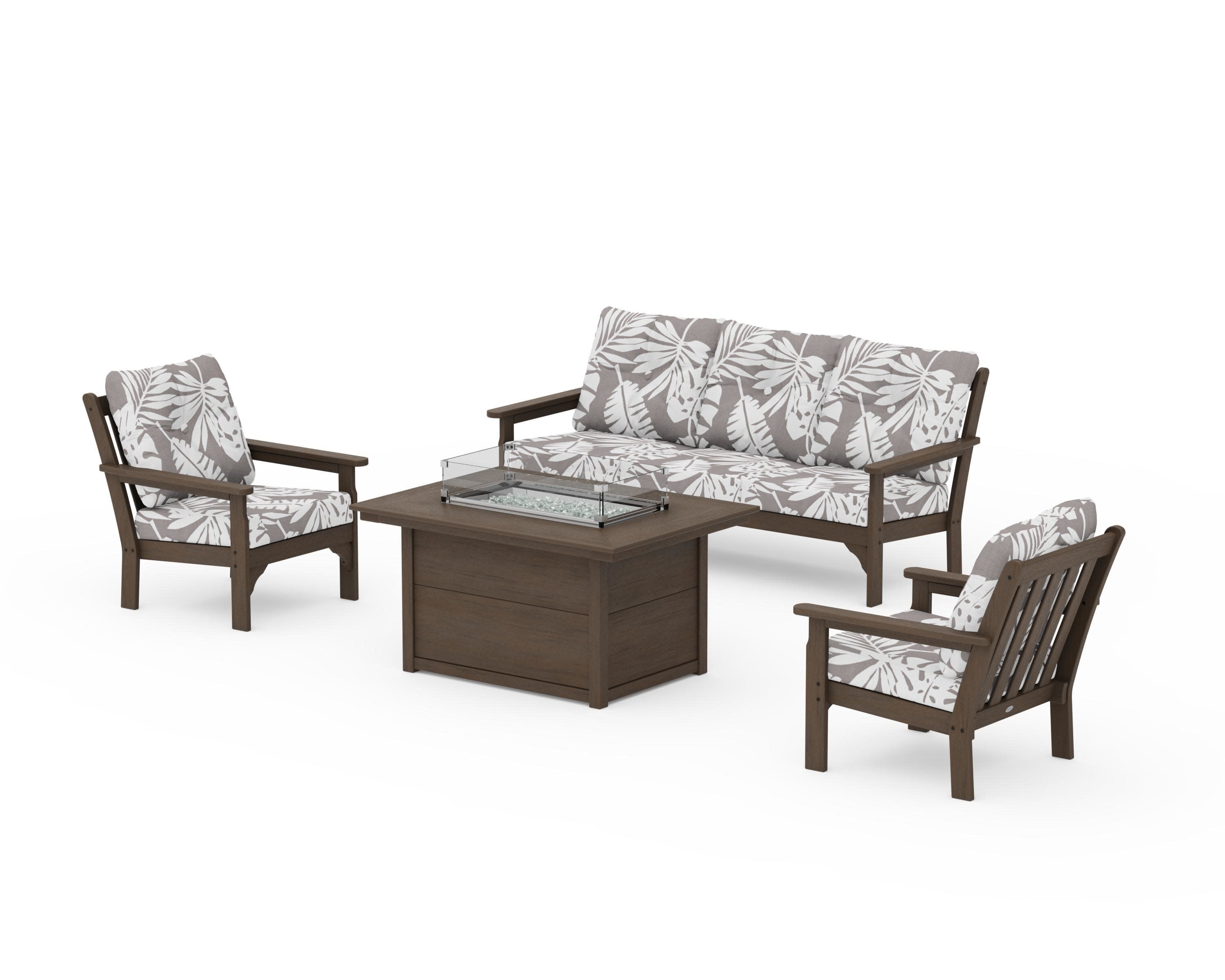 Vineyard Deep Seating Fire Pit Table Set in Kona / Leaf Grey Mist