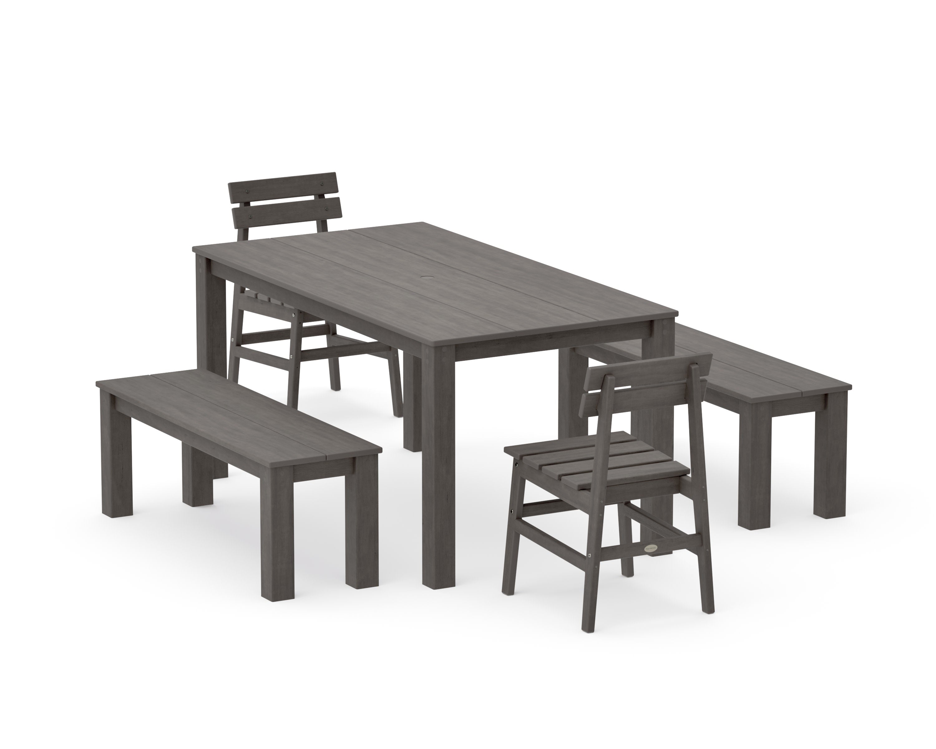 Modern Studio Plaza Chair 5-Piece Parsons Dining Set with Benches in Driftwood