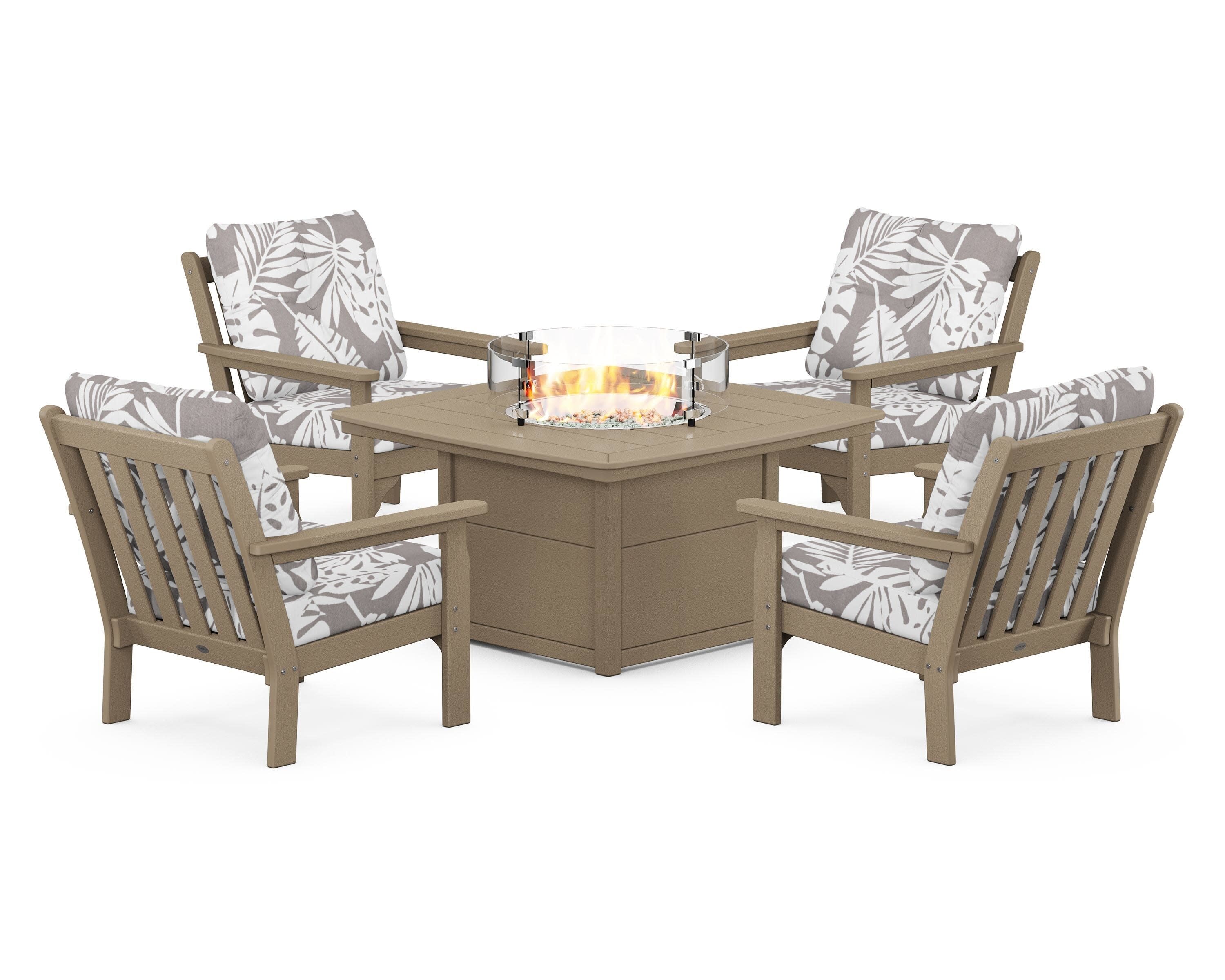 Vineyard 5-Piece Conversation Set with Fire Pit Table in Vintage Sahara / Leaf Grey Mist