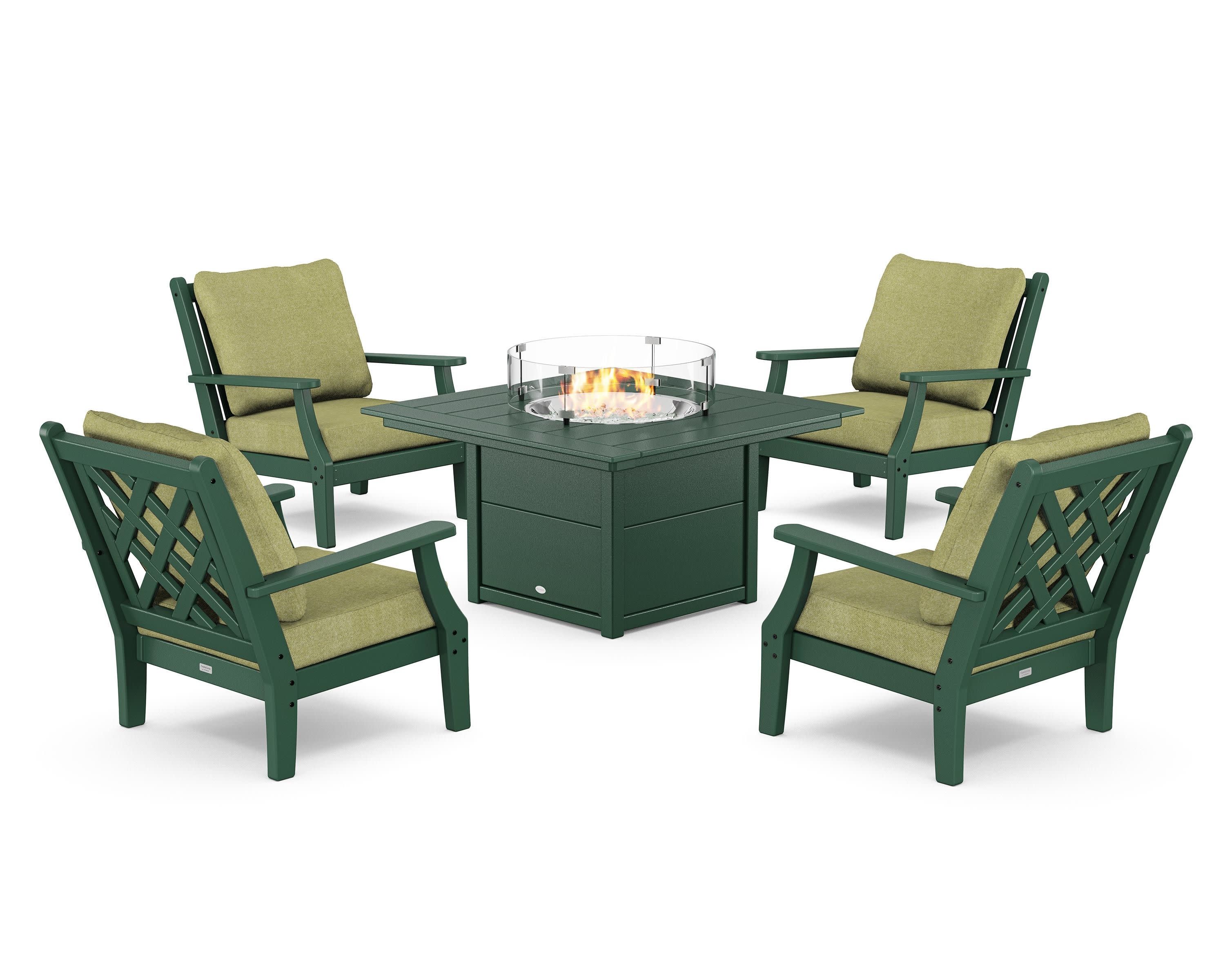 Wovendale 5-Piece Deep Seating Set with Fire Pit Table in Green / Chartreuse Boucle