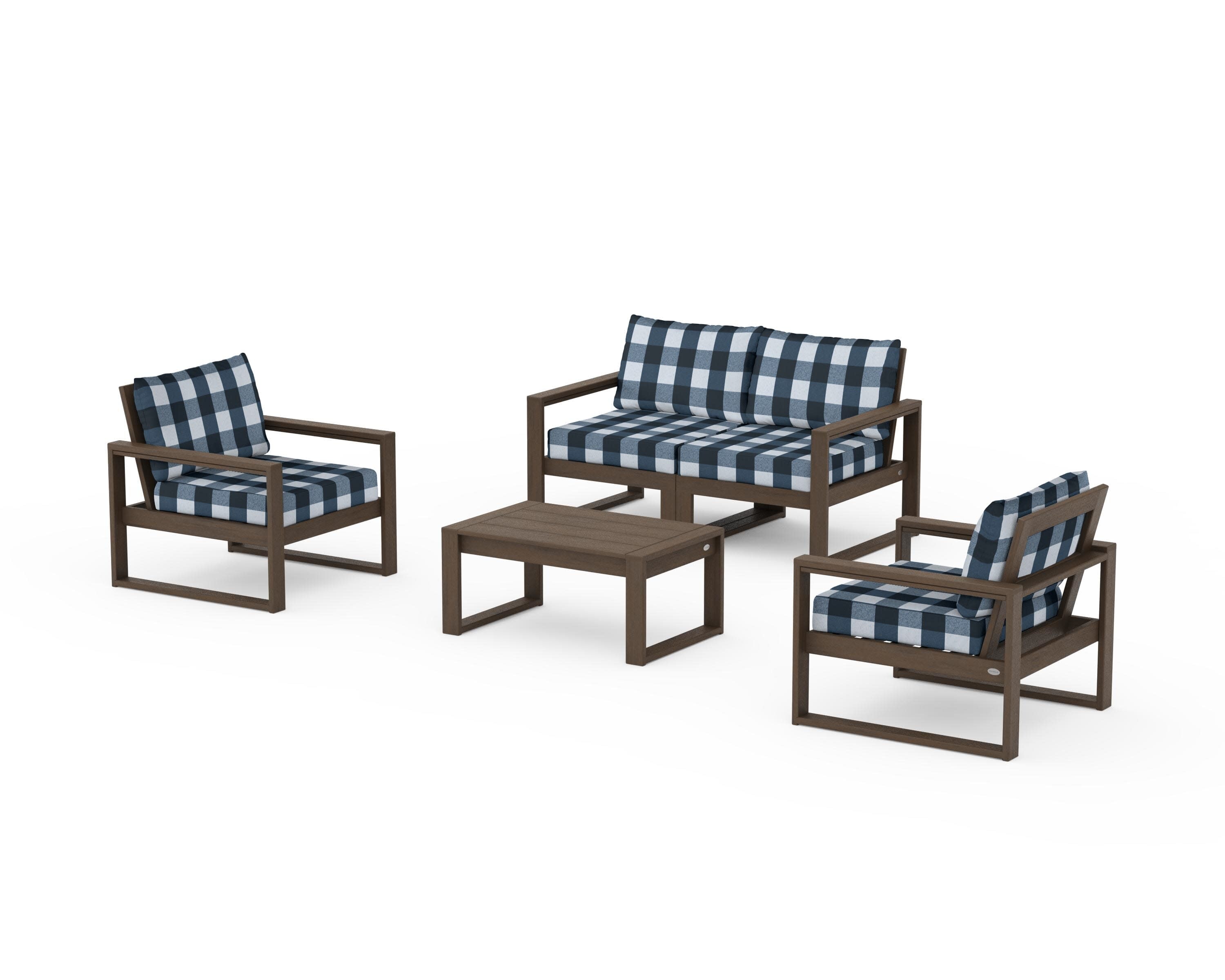 EDGE Sectional 4-Piece Deep Seating Set with Loveseat in Kona / Buffalo Plaid Marine Indigo