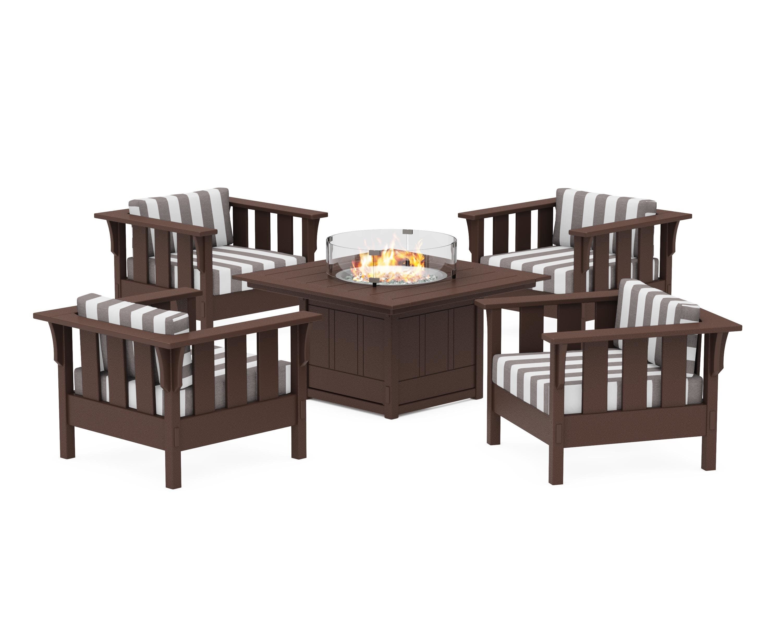Acadia 5-Piece Deep Seating Set with Fire Pit Table in Mahogany / Cabana Stripe Grey Mist