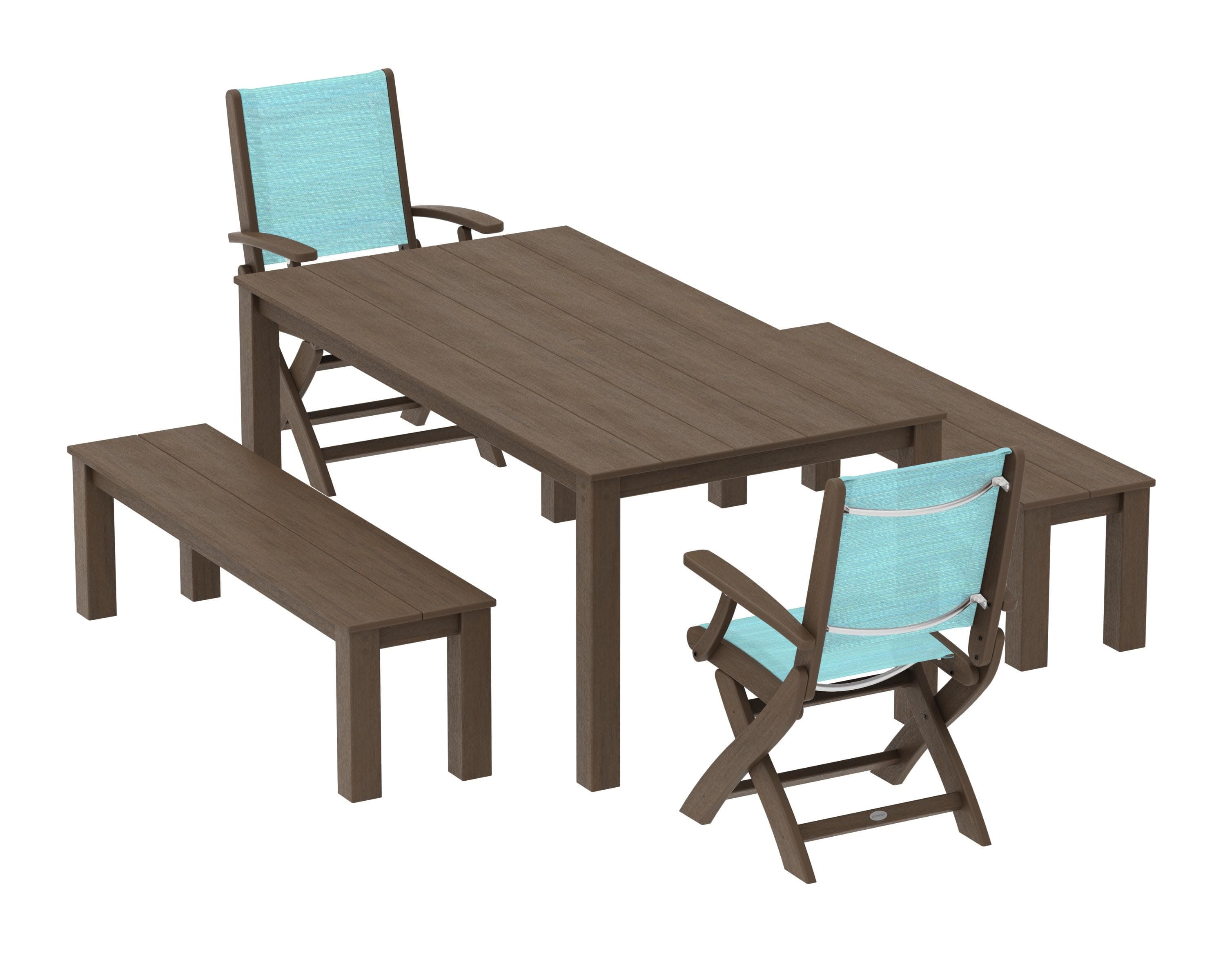 Coastal Folding Chair 5-Piece Parsons Dining Set with Benches in Kona / Dupioni Aquamarine Sling