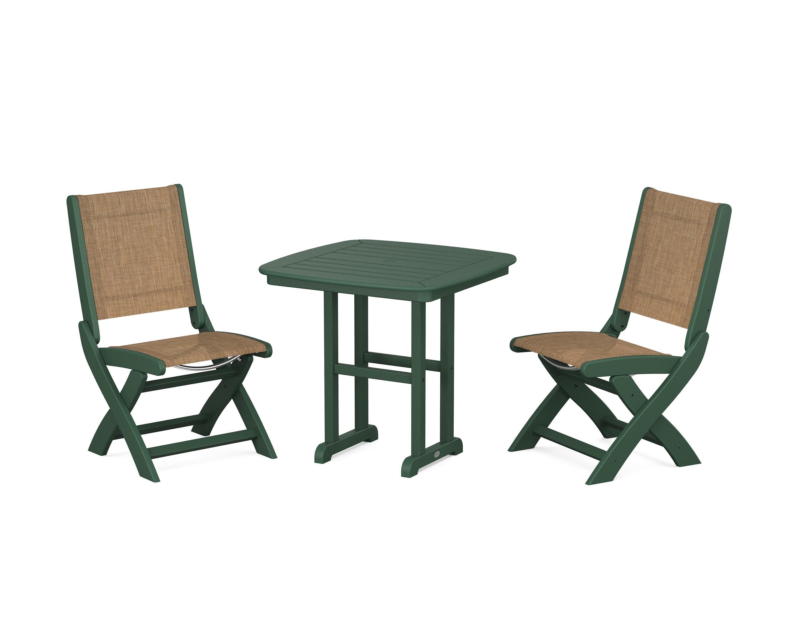Coastal Folding Side Chair 3-Piece Dining Set in Green / Burlap Sling
