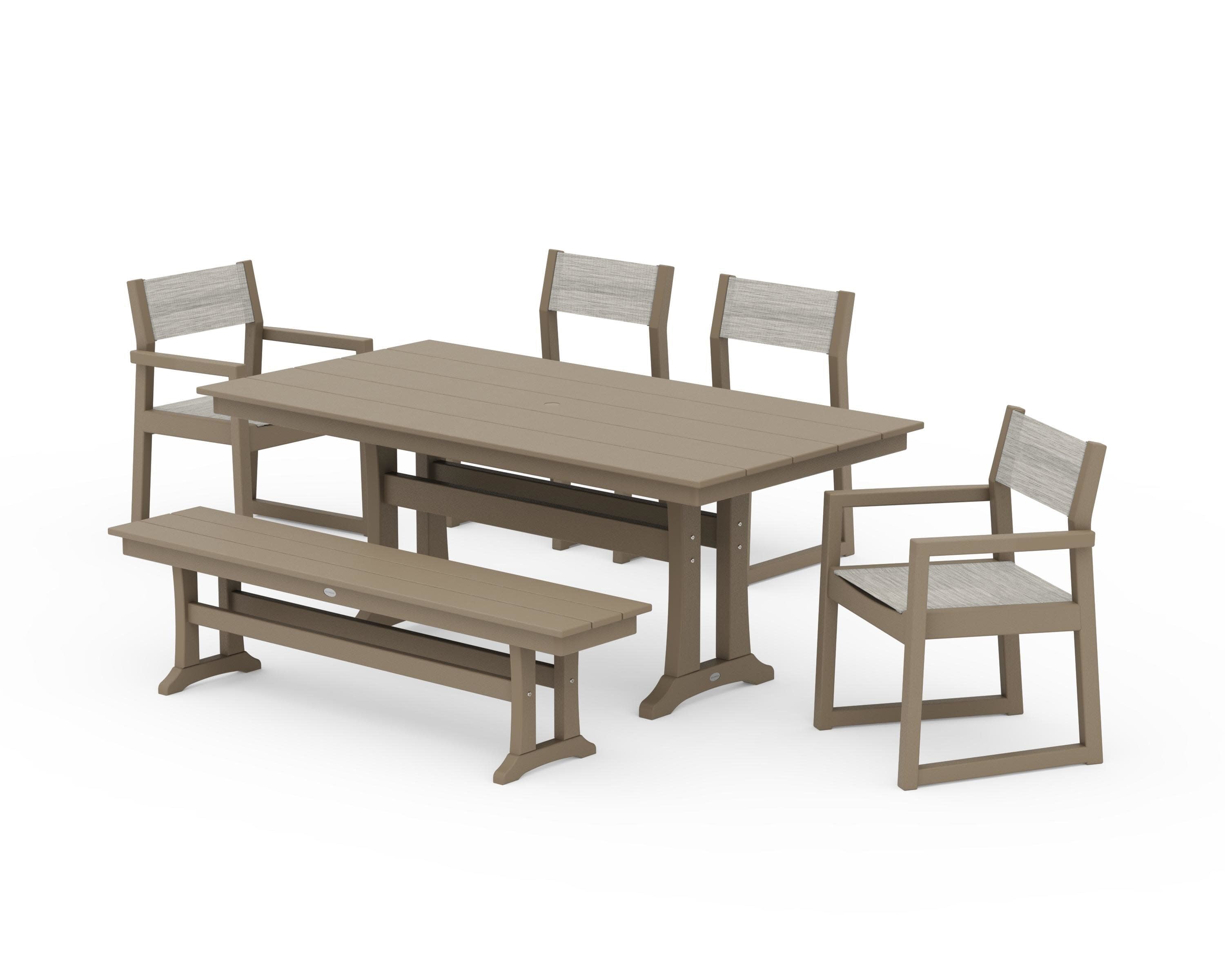 EDGE Sling 6-Piece Farmhouse Dining Set With Trestle Legs in Vintage Sahara / Birch Sling
