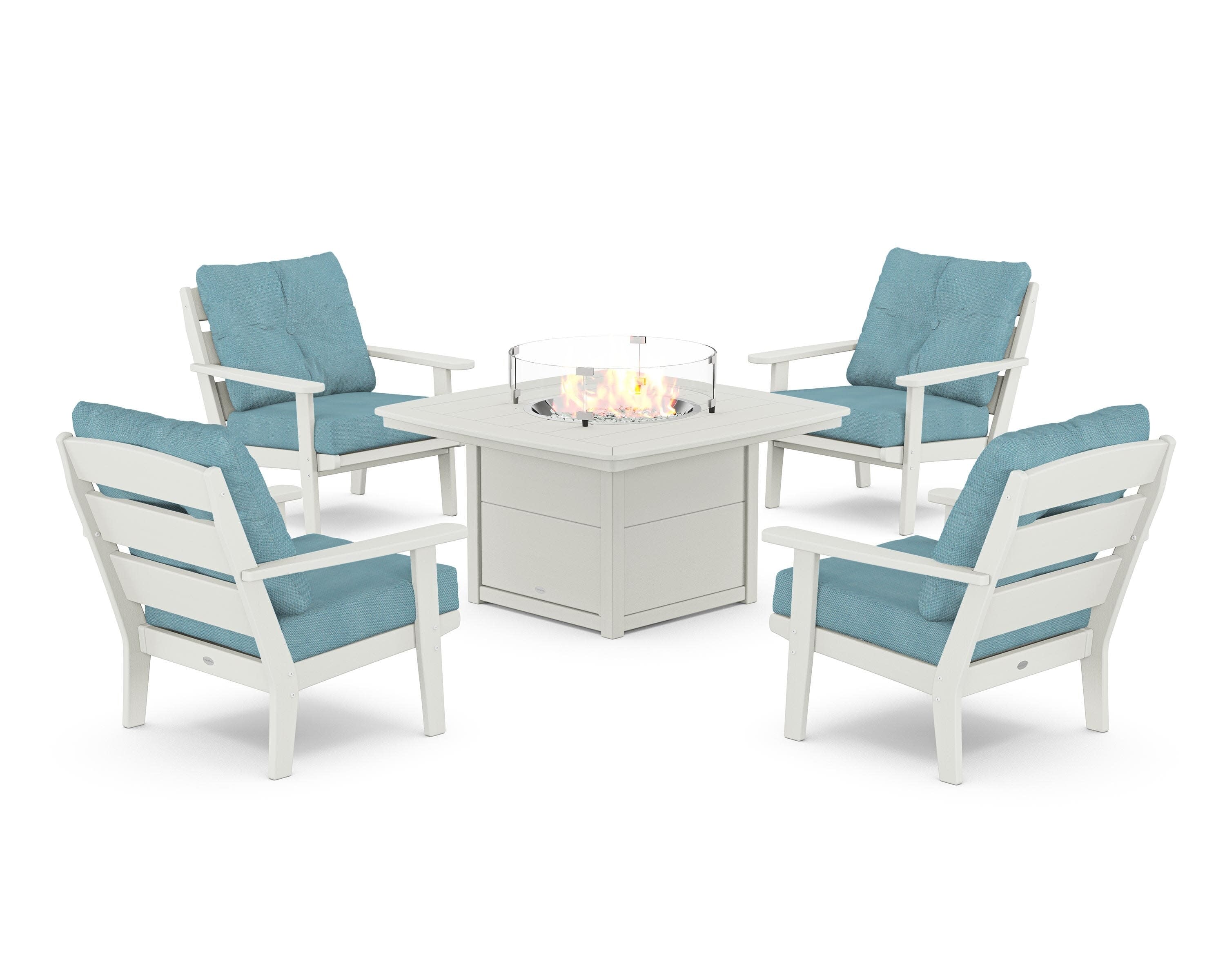 Lakeside 5-Piece Deep Seating Set with Nautical Fire Pit Table in Vintage White / Lattice Sky Blue