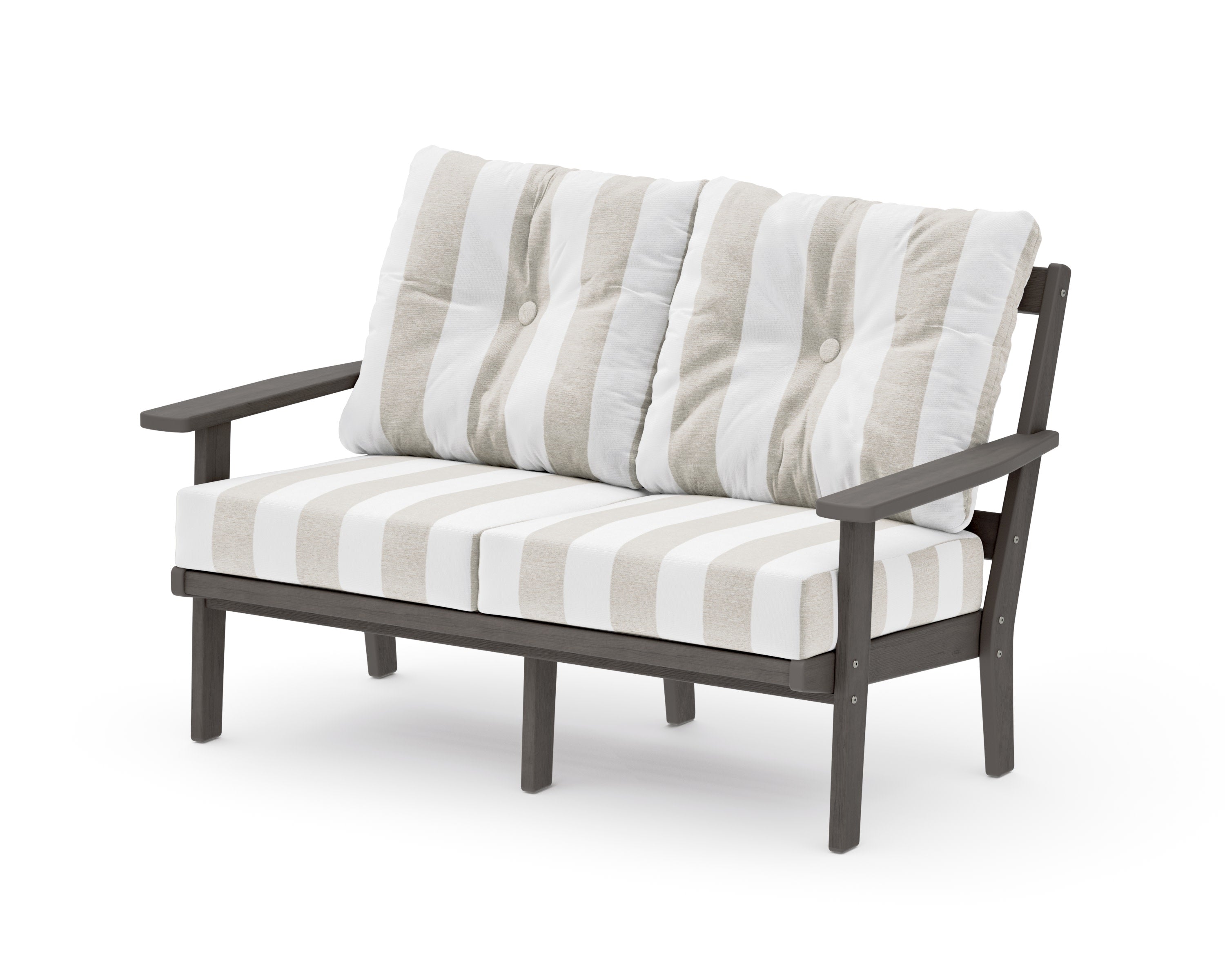 Prairie Deep SeatingLoveseat in Driftwood / Cabana Stripe Dune Burlap