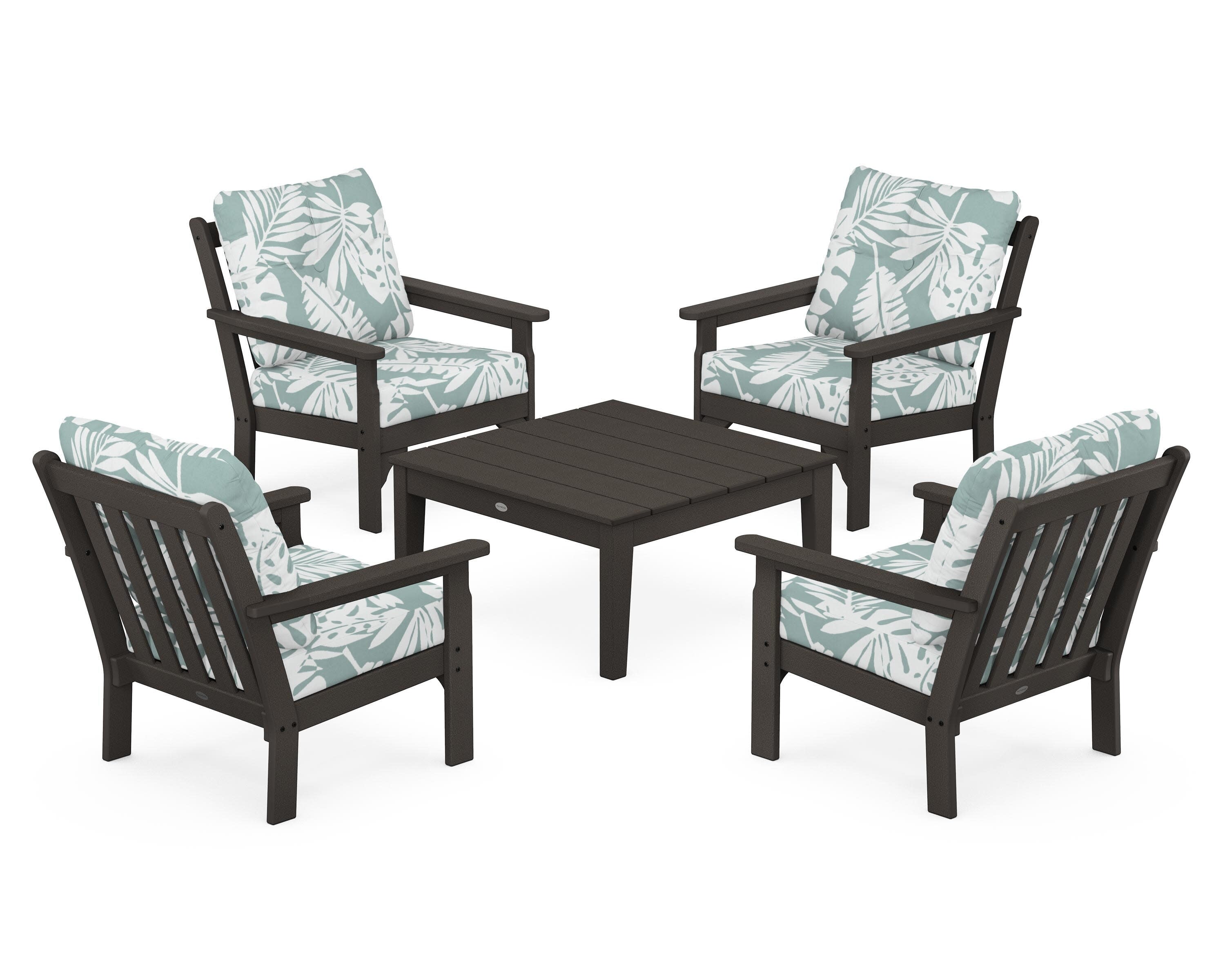 Vineyard 5-Piece Deep Seating Conversation Set in Vintage Coffee / Leaf Glacier Spa