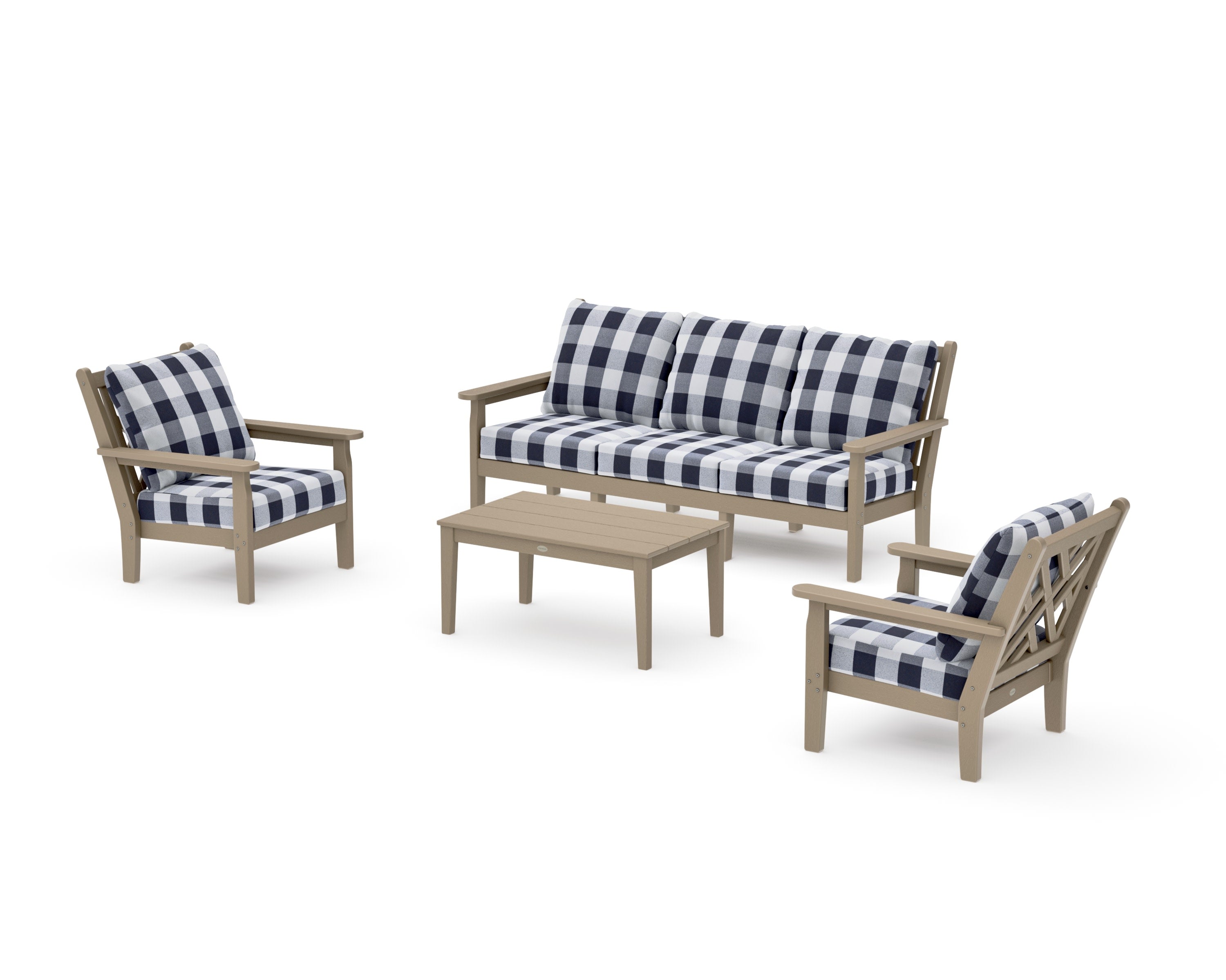 Chippendale 4-Piece Deep Seating Set with Sofa in Vintage Sahara / Buffalo Plaid Navy