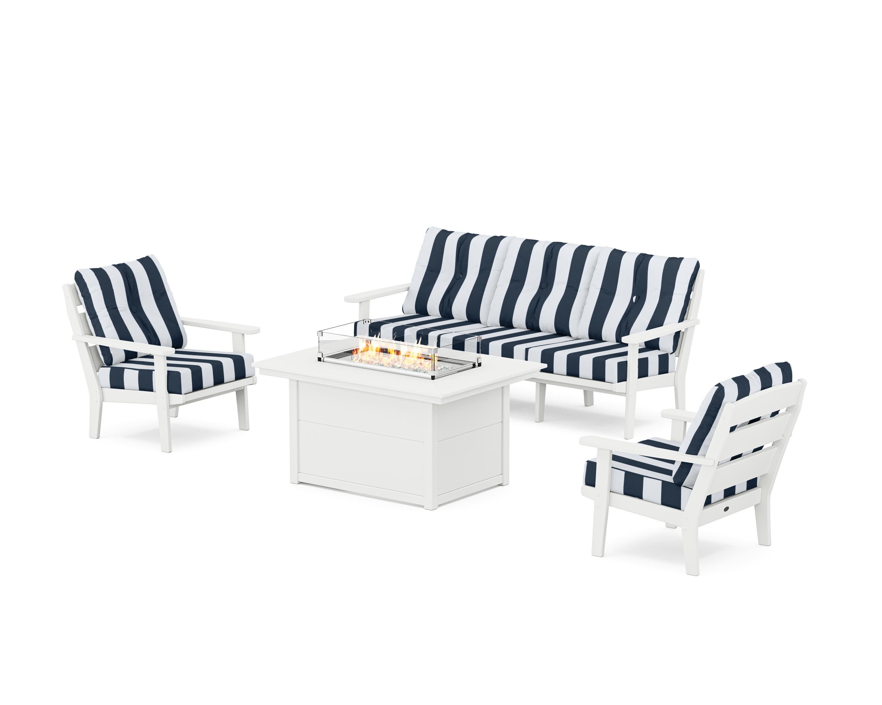 Lakeside Deep Seating Fire Pit Table Set in White / Cabana Stripe Marine Indigo