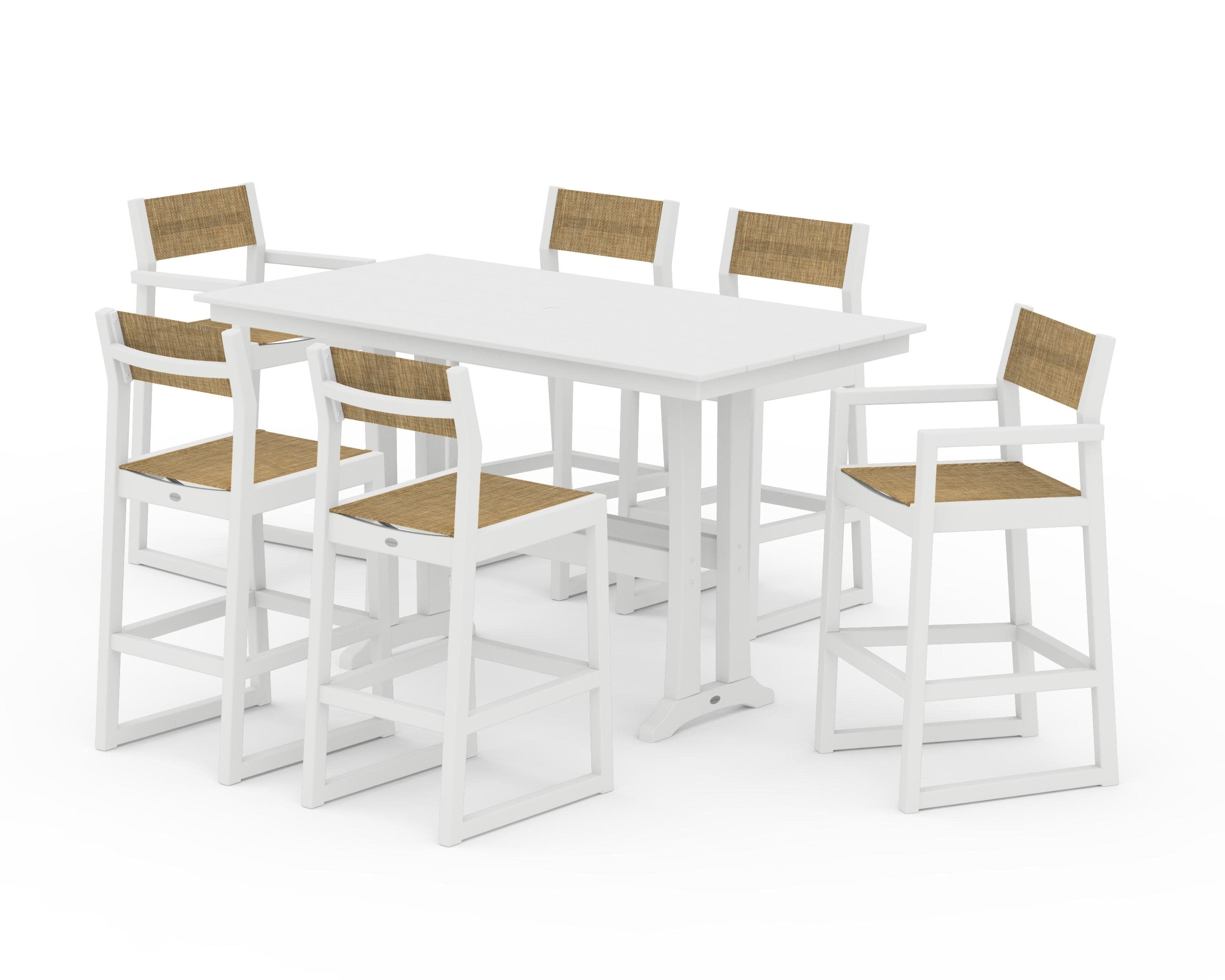 EDGE Sling 7-Piece Farmhouse Bar Set with Trestle Legs in White / Burlap Sling