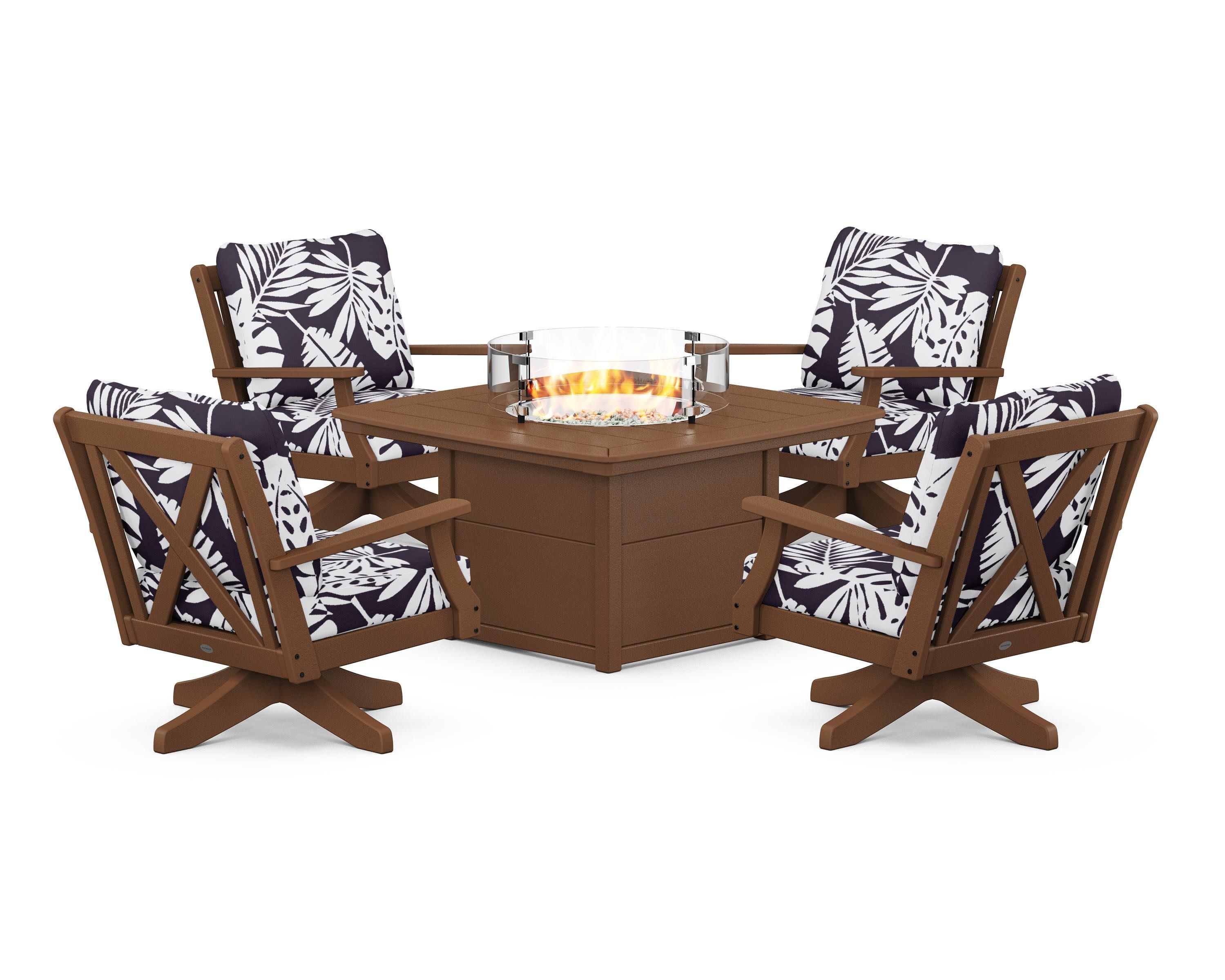 Braxton 5-Piece Deep Seating Swivel Conversation Set with Fire Pit Table in Teak / Leaf Navy