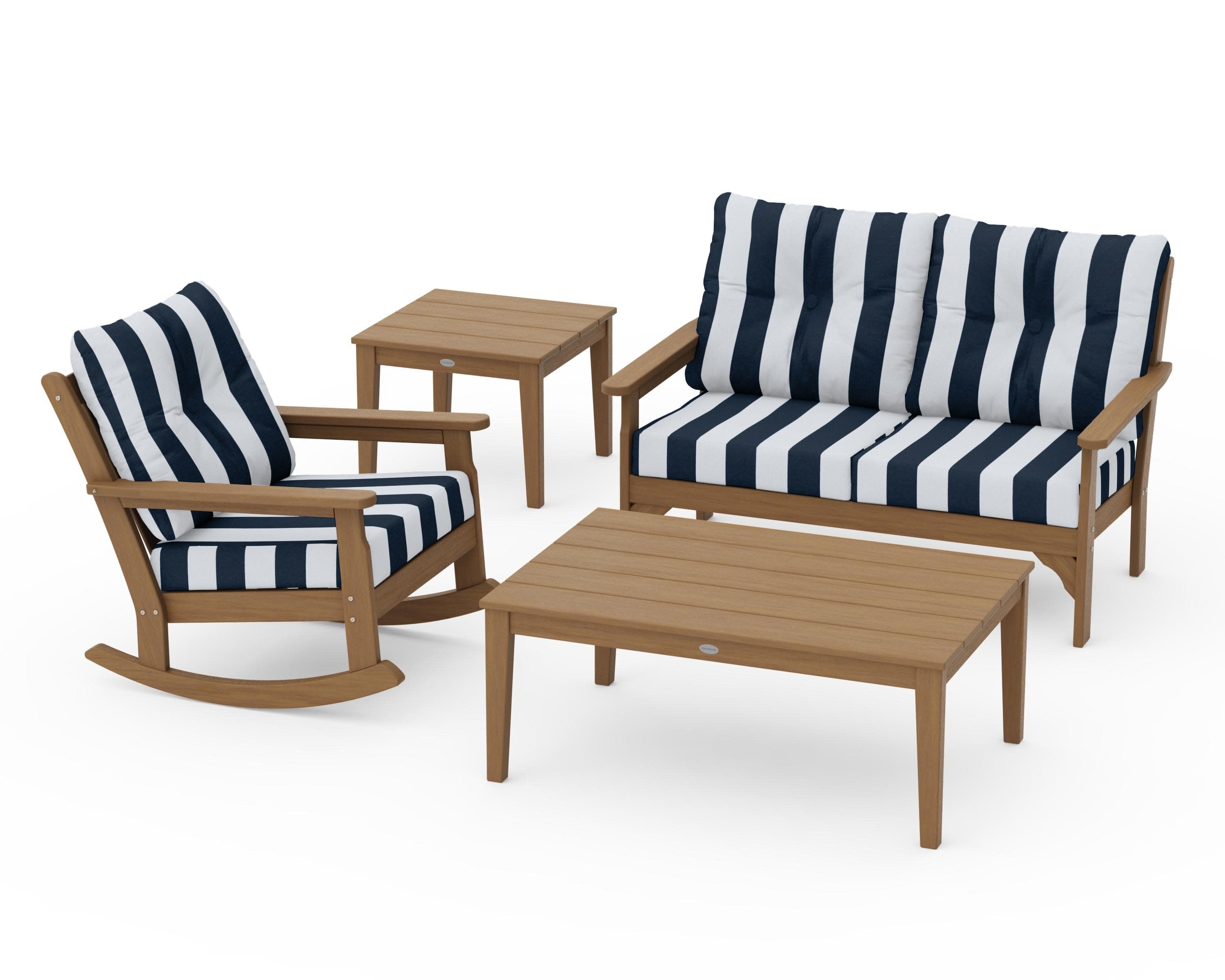 Vineyard 4-Piece Deep Seating Rocker Set in Natural / Cabana Stripe Marine Indigo