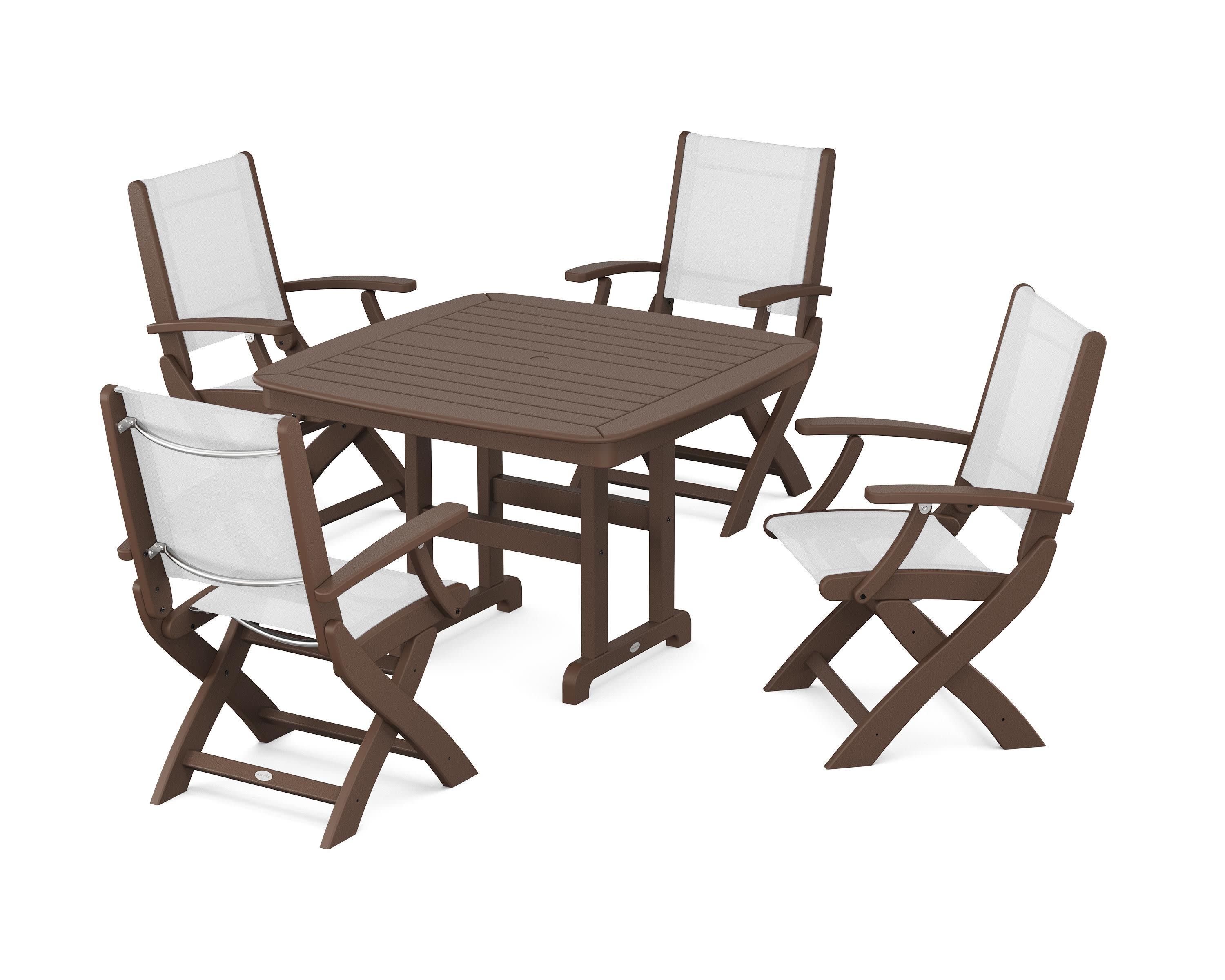 Coastal Folding Chair 5-Piece Dining Set in Mahogany / White Sling