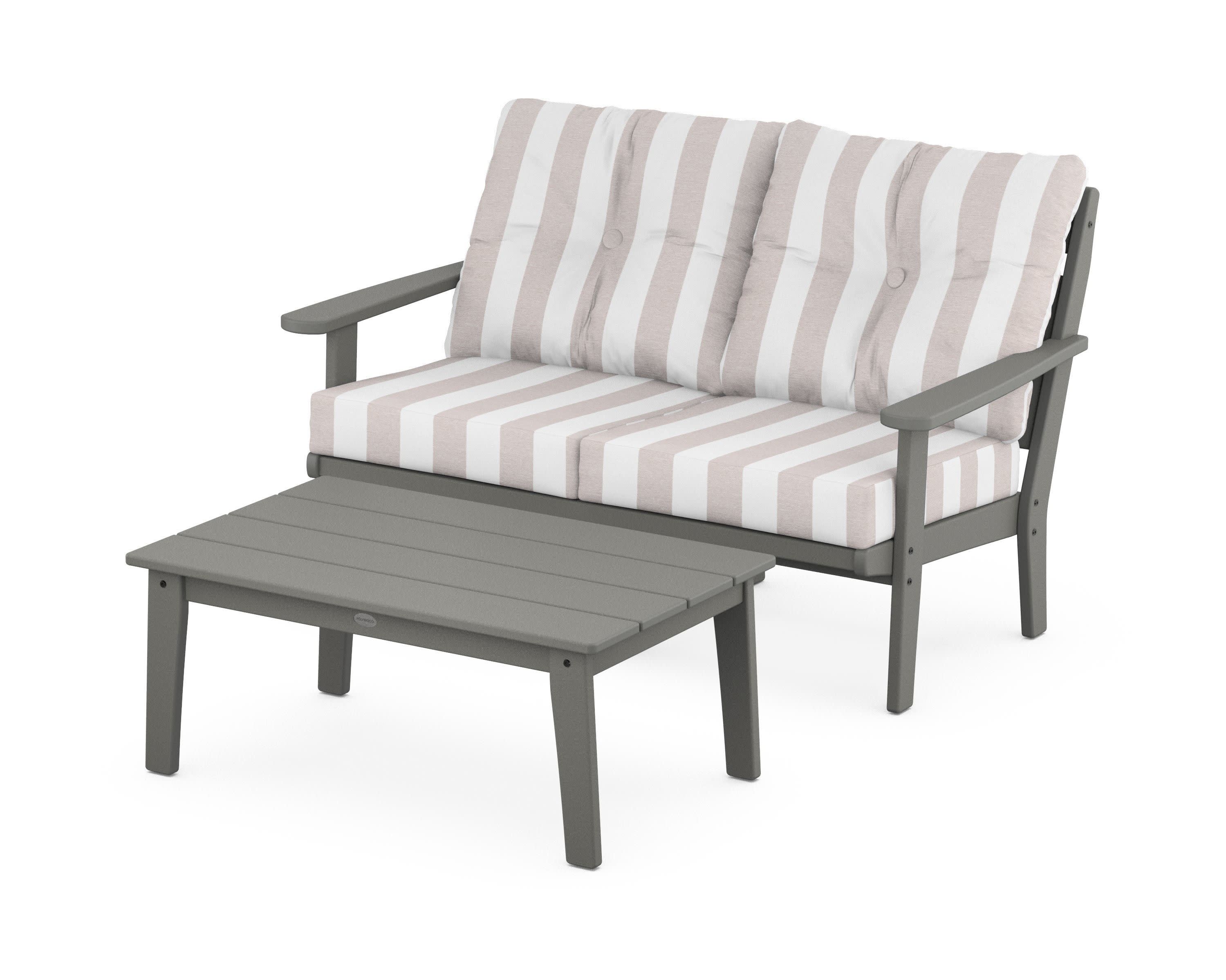 Lakeside 2-Piece Lounge Loveseat Set in Slate Grey / Cabana Stripe Dune Burlap