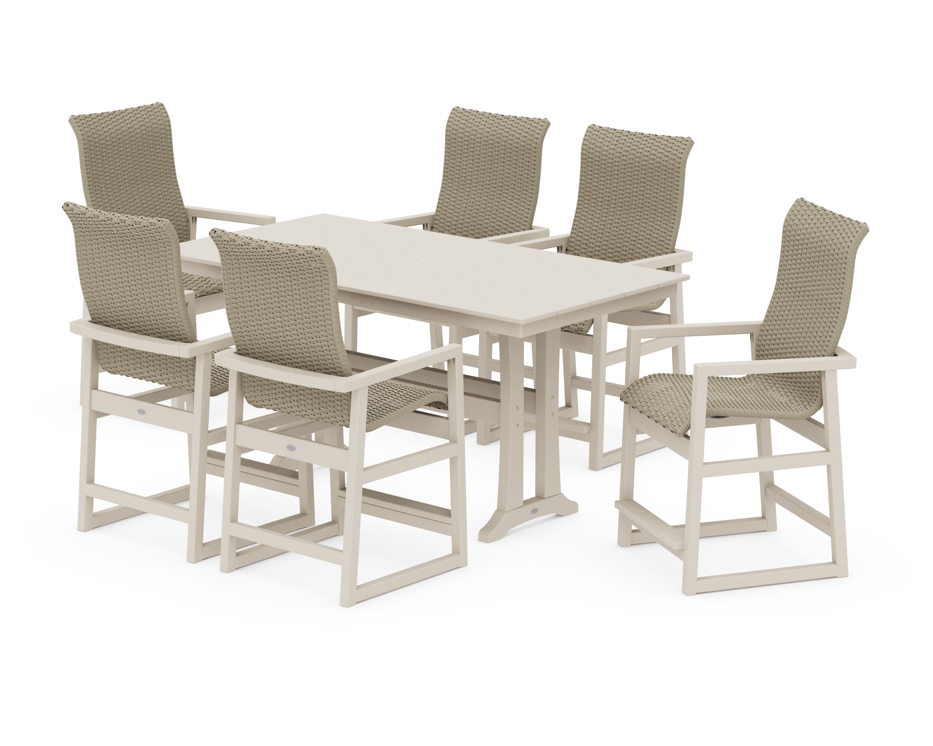 EDGE Woven Highback Arm Chair 7-Piece Farmhouse Counter Set with Trestle Legs in Sand / Dune Grass