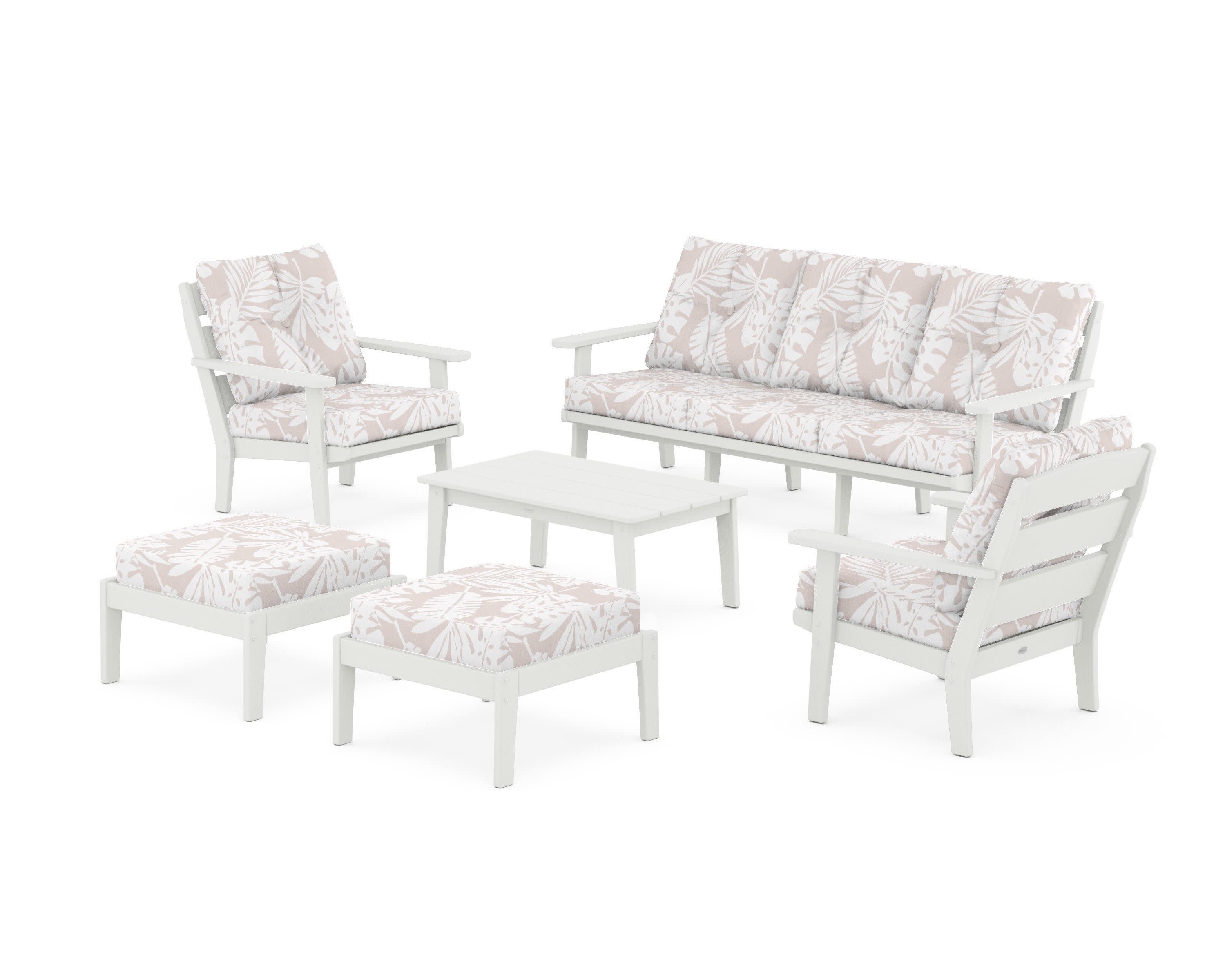 Lakeside 6-Piece Lounge Sofa Set in Vintage White / Leaf Dune Burlap