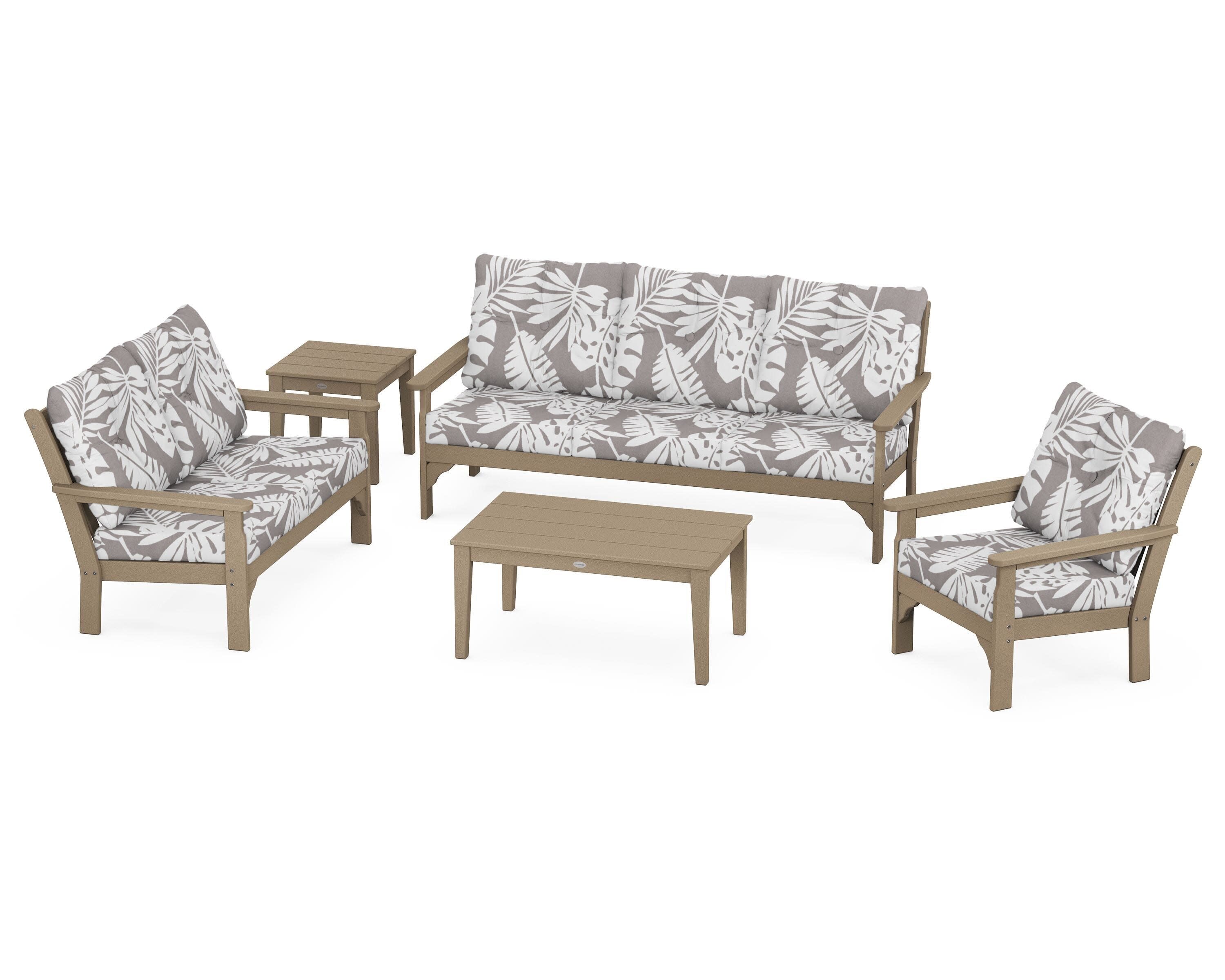 Vineyard 5 Piece Deep Seating Set in Vintage Sahara / Leaf Grey Mist
