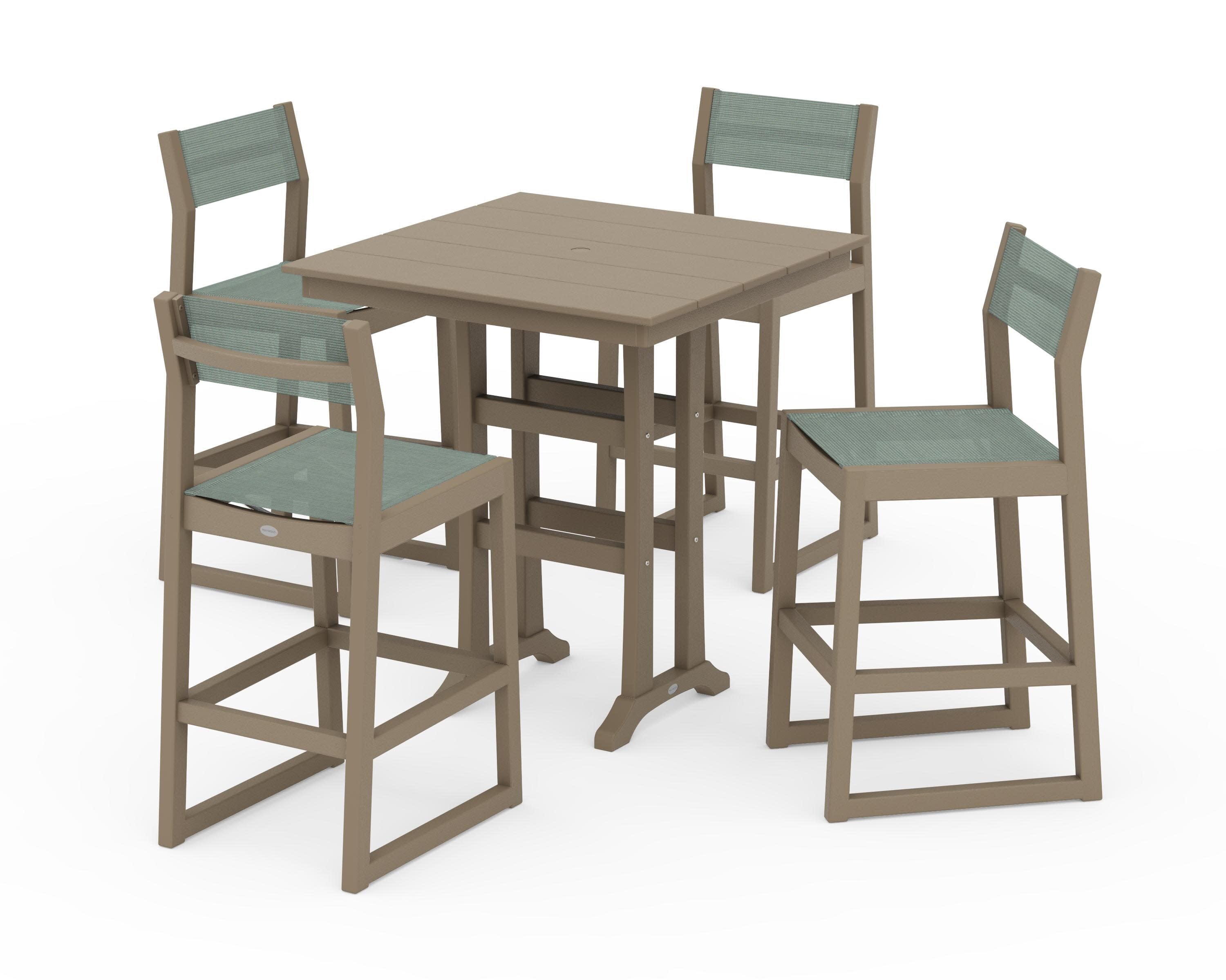 EDGE Sling Arm Chair 5-Piece Farmhouse Bar Set with Trestle Legs in Vintage Sahara / Dupioni Sea Mist Sling